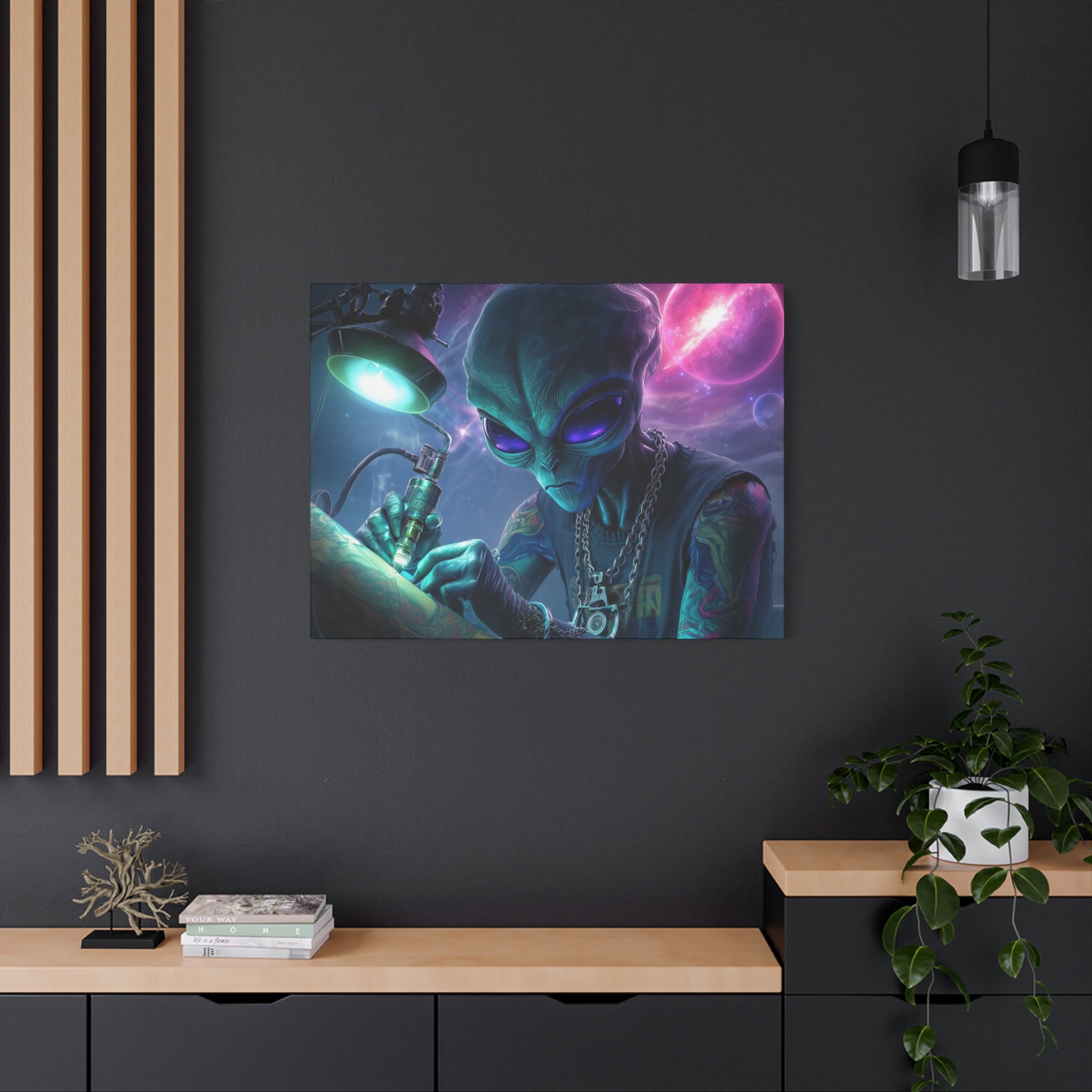 Alien Tattoo Artist Matte Canvas Print — Sci‑Fi Wall Art for Gamers & Nerd Decor