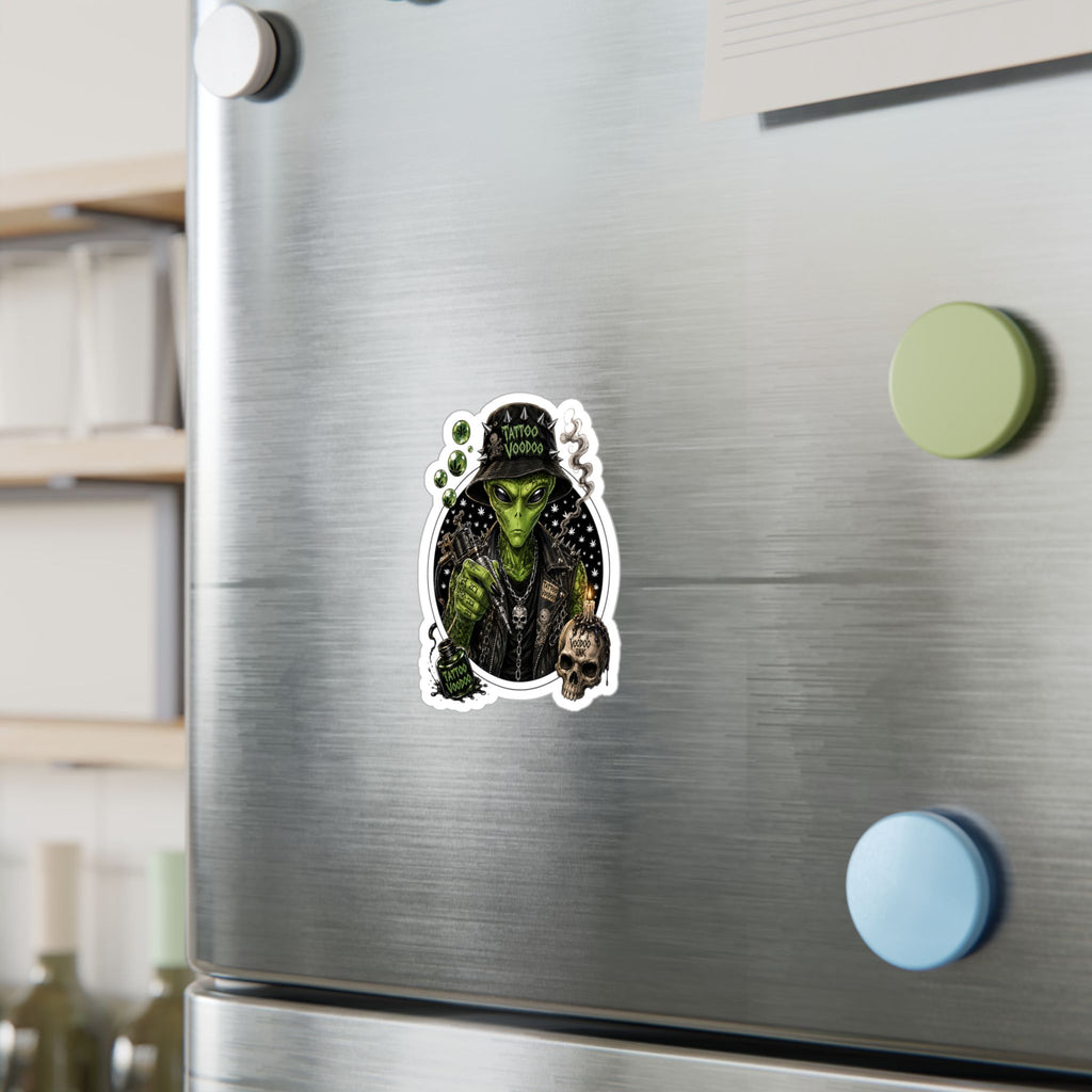 Alien Voodoo Tattoo Kiss-Cut Vinyl Decal — Green Alien with Skull & Smoke