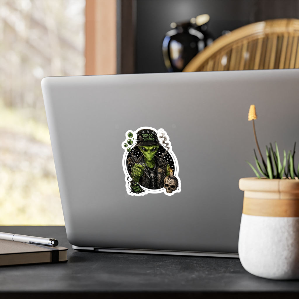 Alien Voodoo Tattoo Kiss-Cut Vinyl Decal — Green Alien with Skull & Smoke