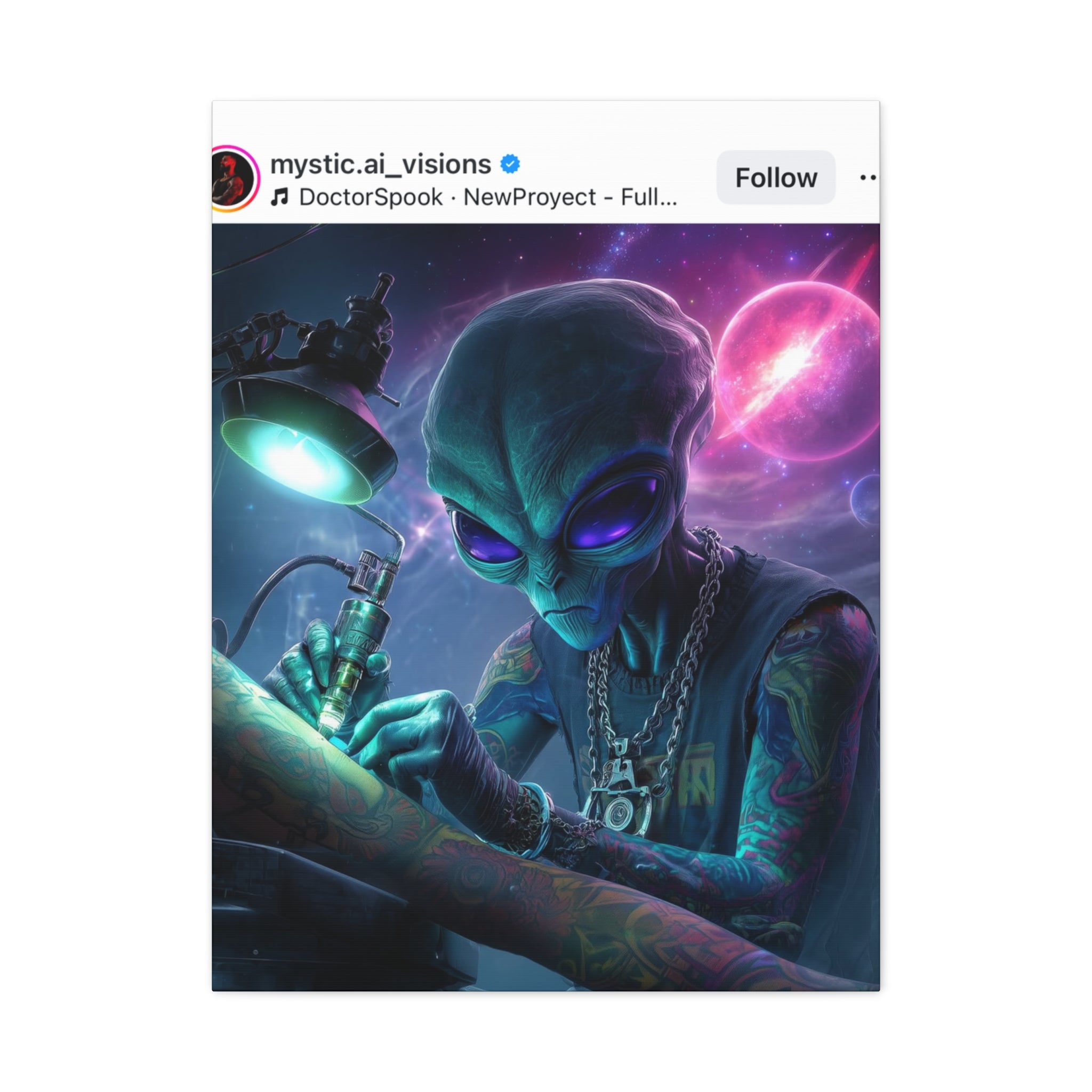 Alien Tattoo Artist Matte Canvas Print — Sci‑Fi Wall Art for Gamers & Nerd Decor