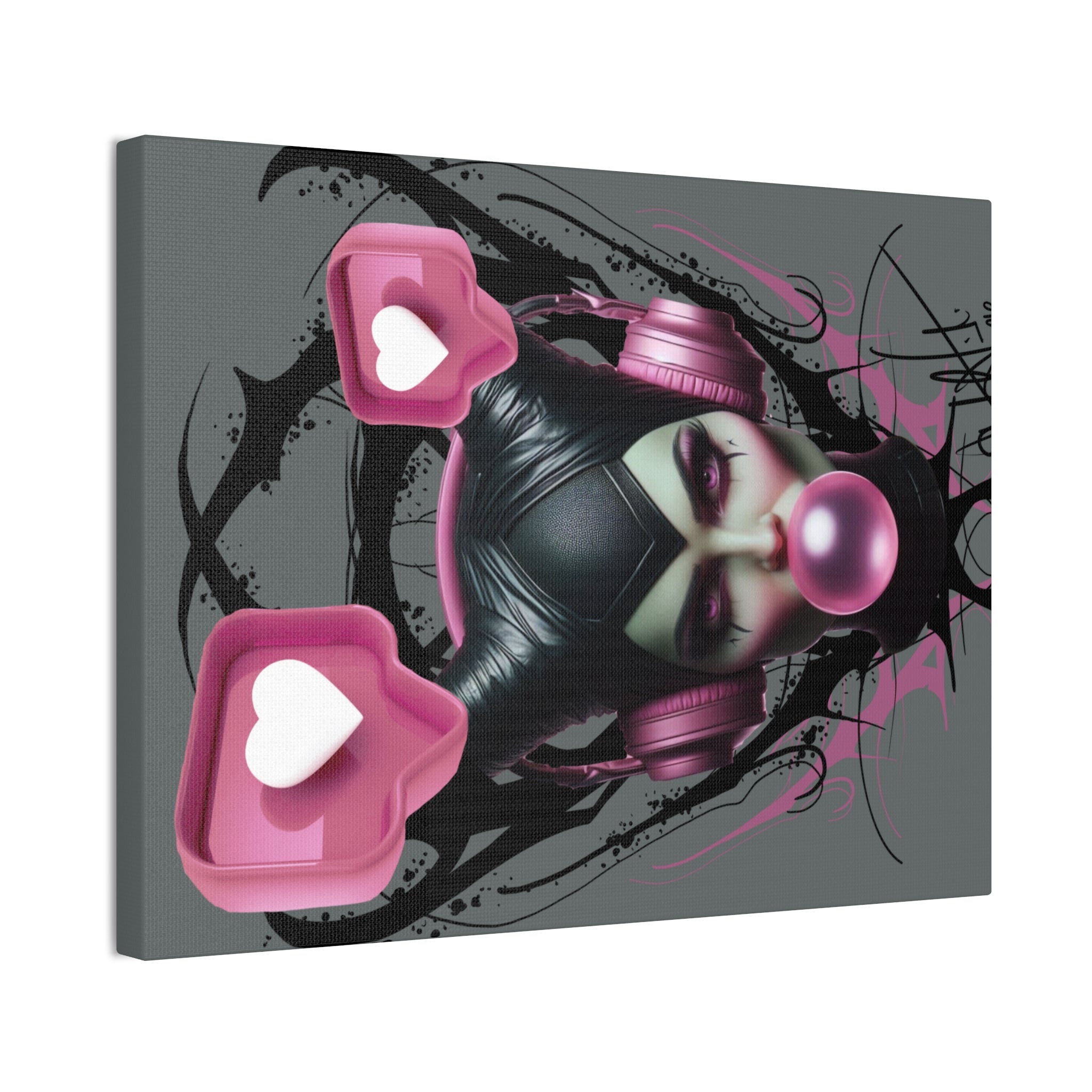 Gothic Pop Art Canvas Print — Pink Headphones & Bubblegum Femme
