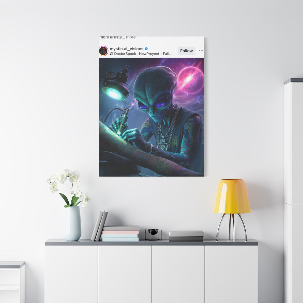 Alien Tattoo Artist Matte Canvas Print — Sci‑Fi Wall Art for Gamers & Nerd Decor