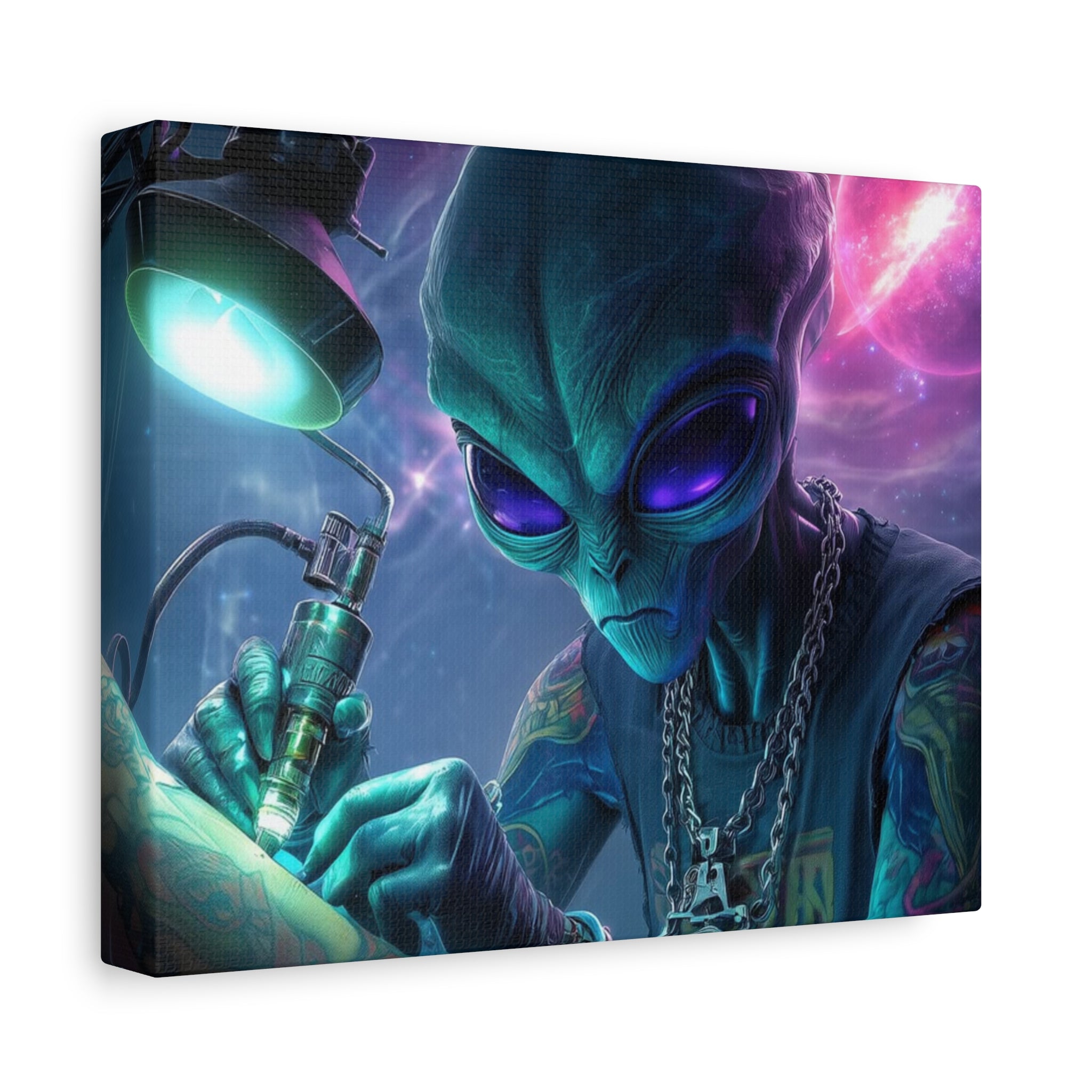 Alien Tattoo Artist Matte Canvas Print — Sci‑Fi Wall Art for Gamers & Nerd Decor