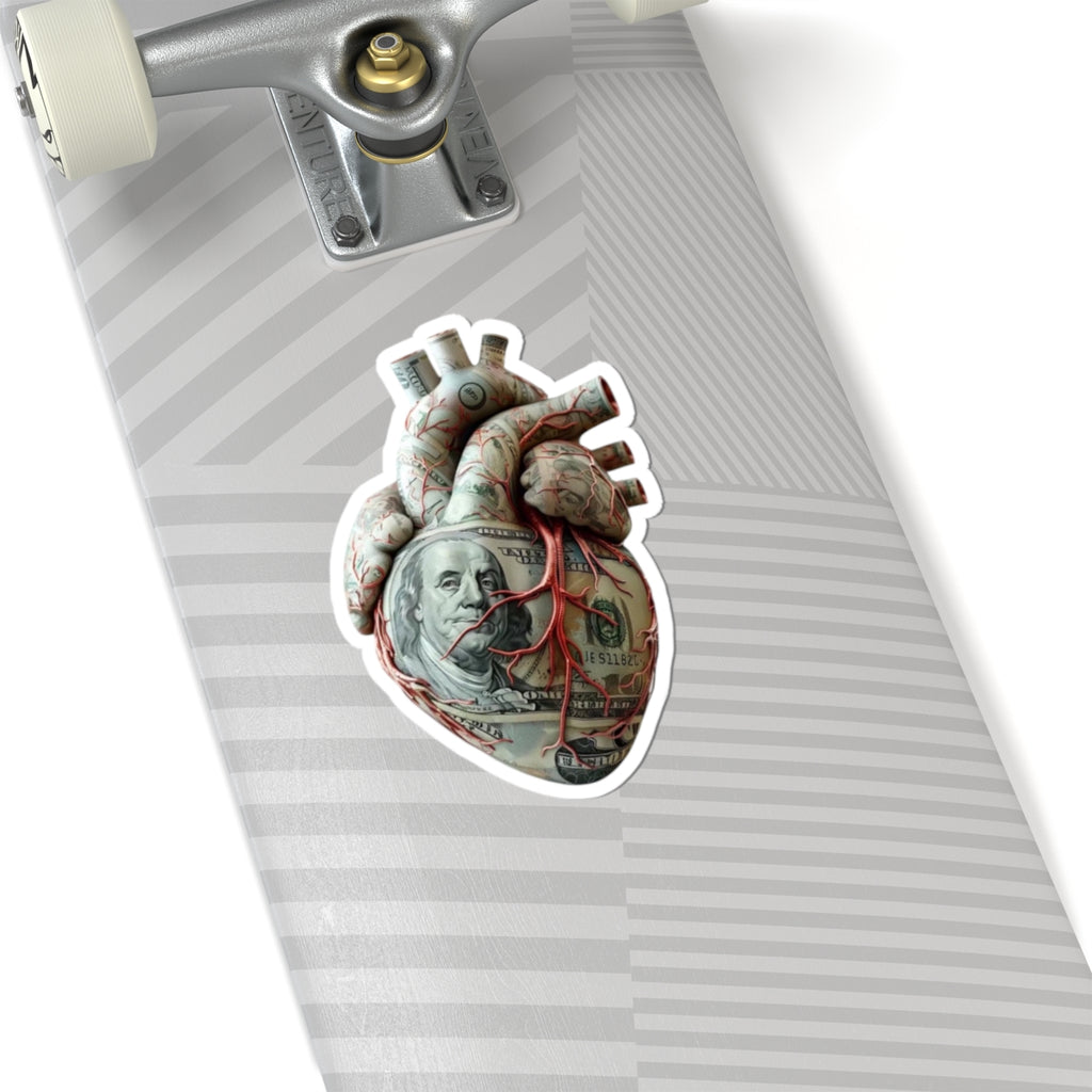 Money Heart Kiss-Cut Sticker — Anatomical Heart Wrapped in 100 Bill Sticker