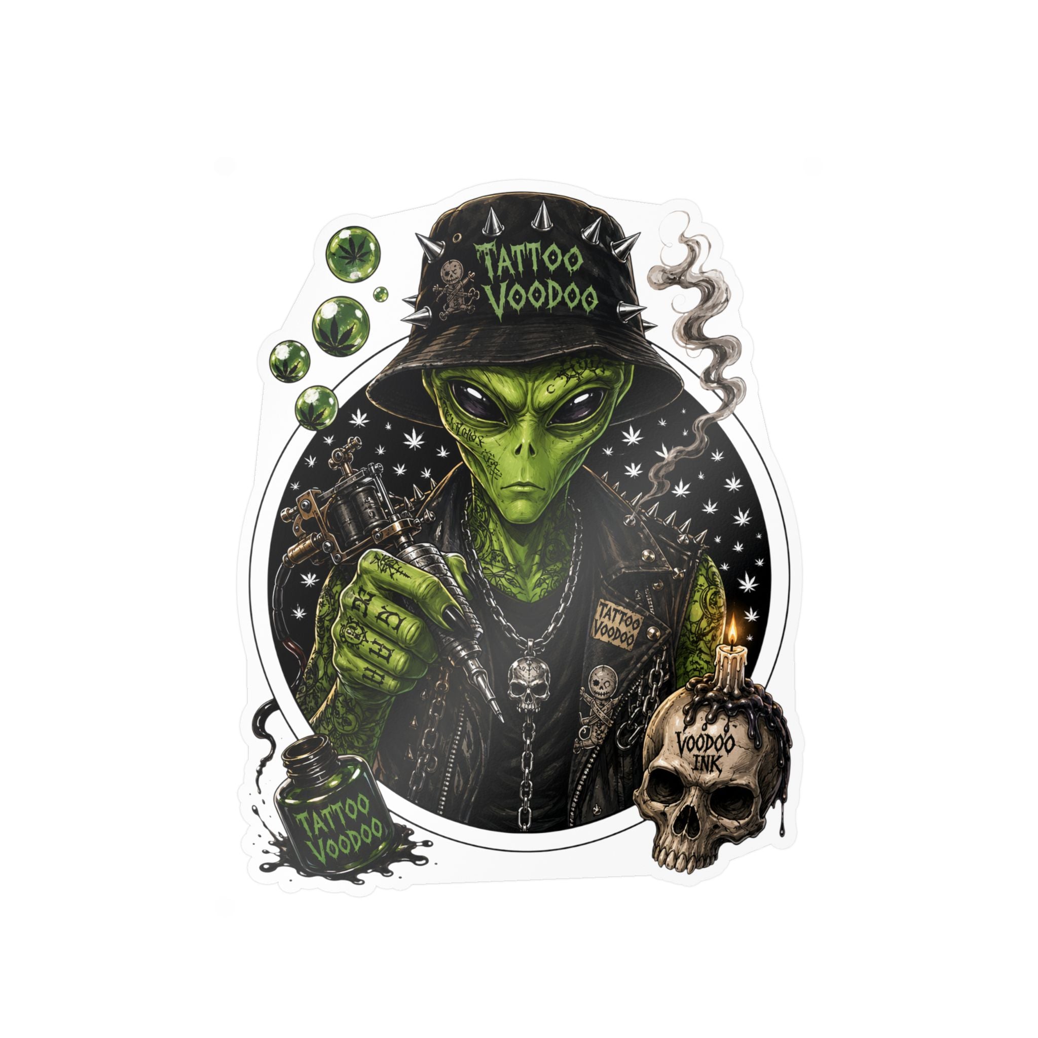 Alien Voodoo Tattoo Kiss-Cut Vinyl Decal — Green Alien with Skull & Smoke