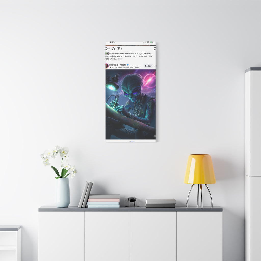 Alien Tattoo Artist Matte Canvas Print — Sci‑Fi Wall Art for Gamers & Nerd Decor