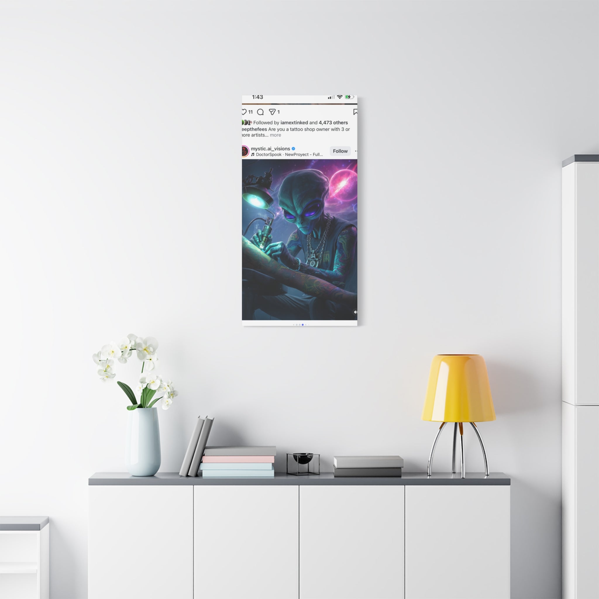 Alien Tattoo Artist Matte Canvas Print — Sci‑Fi Wall Art for Gamers & Nerd Decor