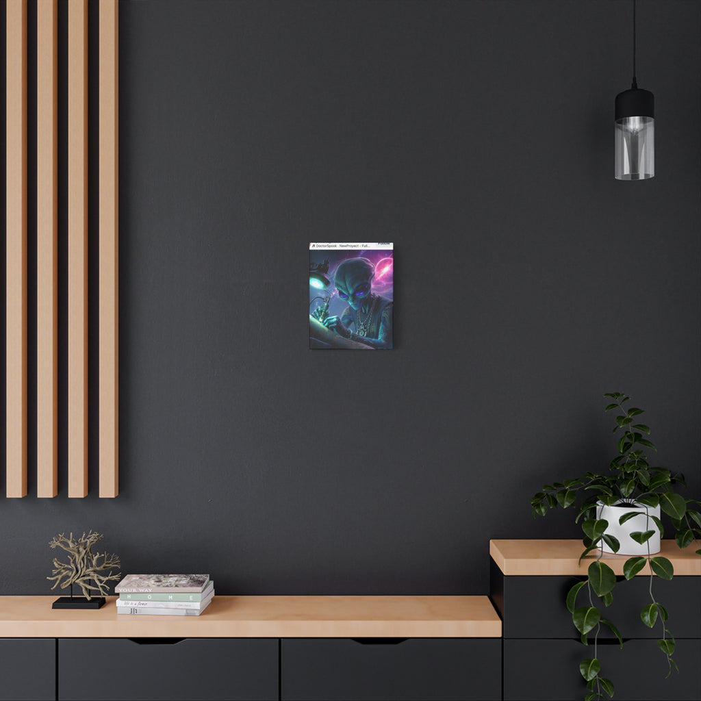 Alien Tattoo Artist Matte Canvas Print — Sci‑Fi Wall Art for Gamers & Nerd Decor