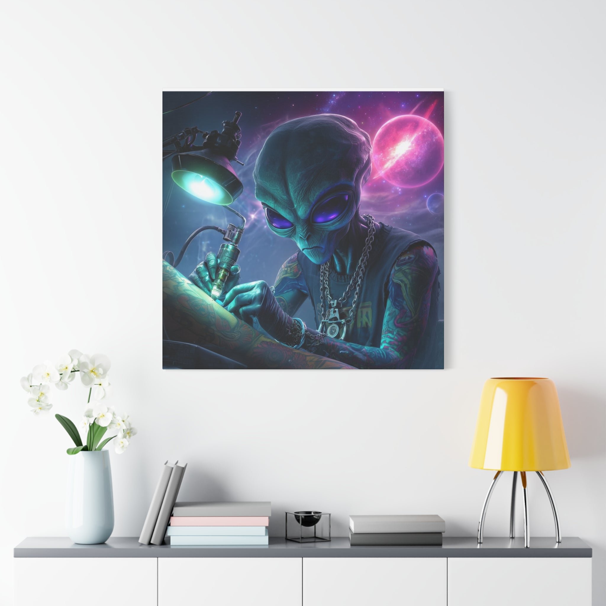 Alien Tattoo Artist Matte Canvas Print — Sci‑Fi Wall Art for Gamers & Nerd Decor