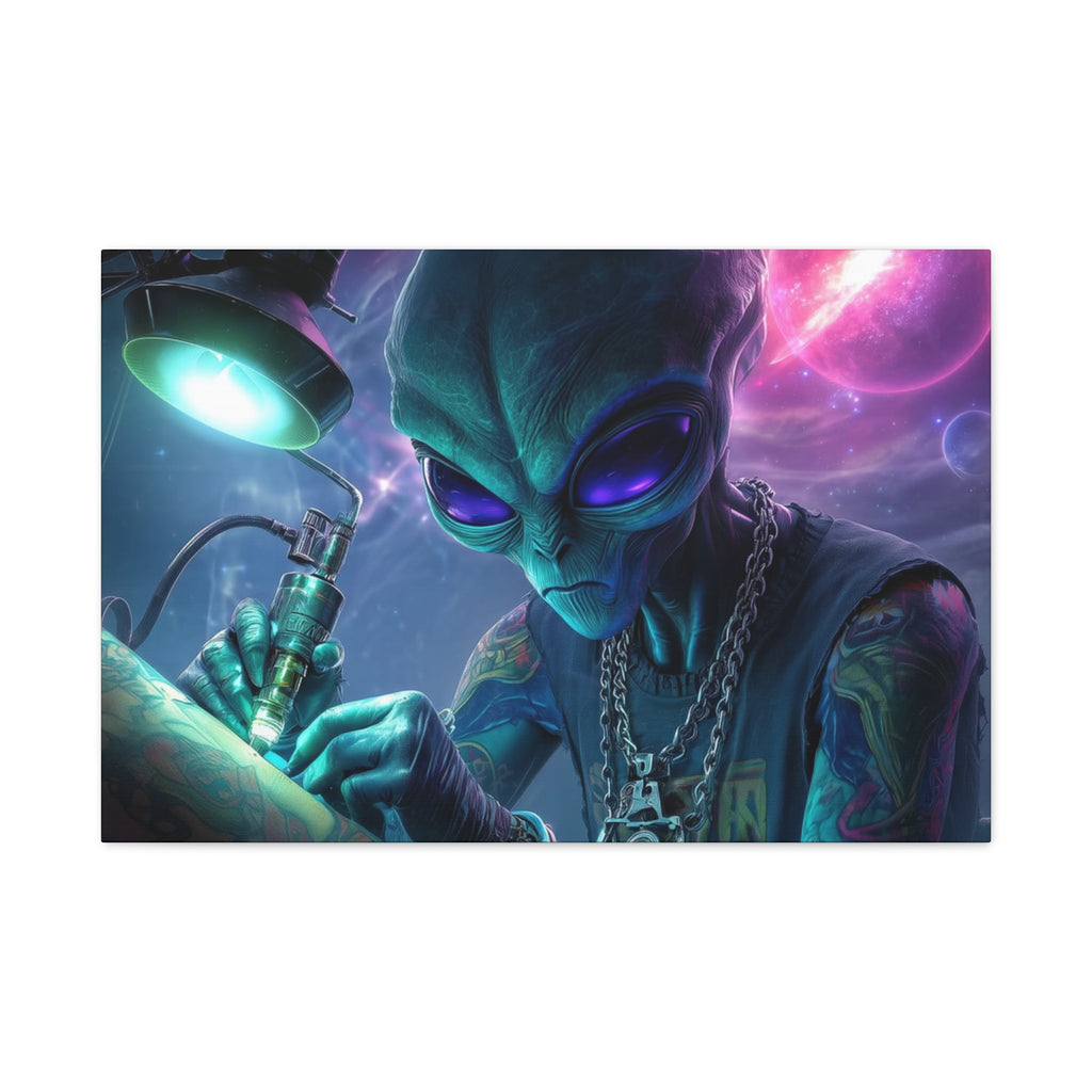 Alien Tattoo Artist Matte Canvas Print — Sci‑Fi Wall Art for Gamers & Nerd Decor
