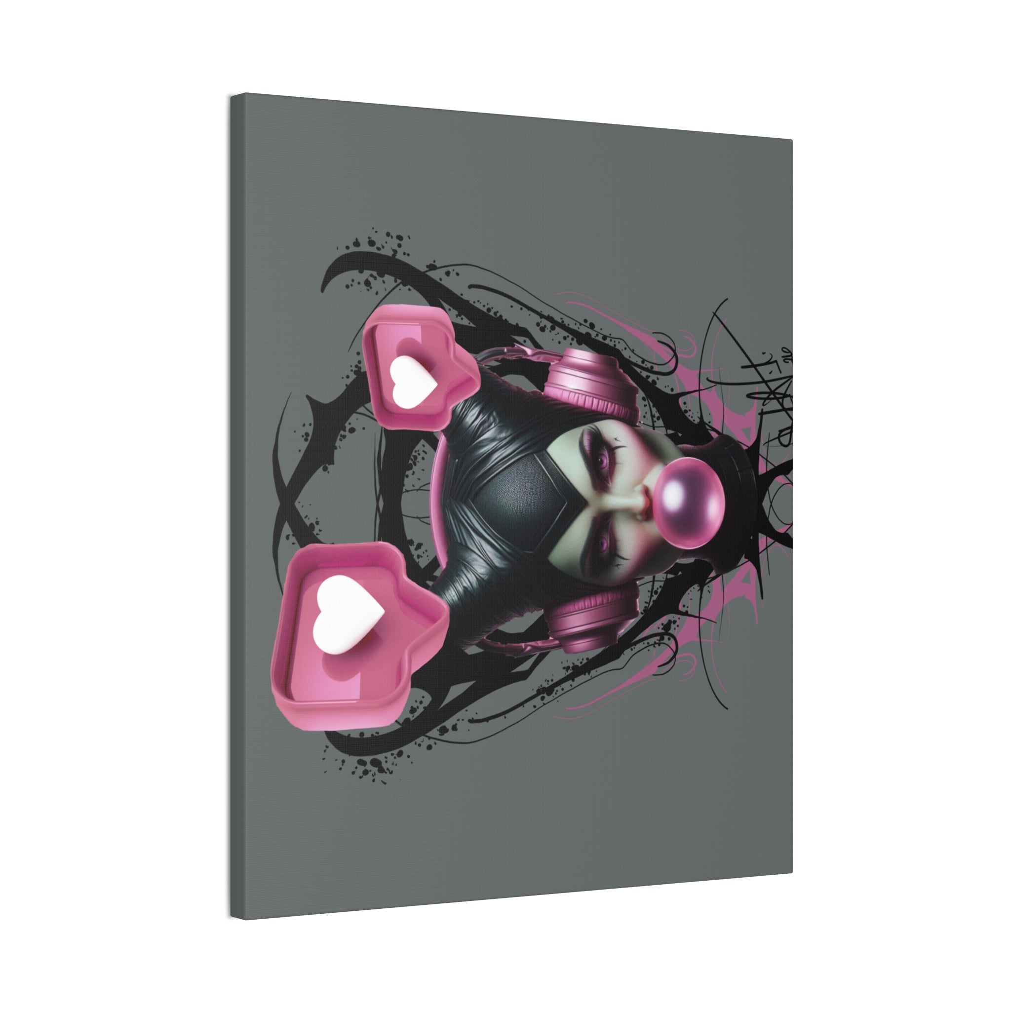 Gothic Pop Art Canvas Print — Pink Headphones & Bubblegum Femme