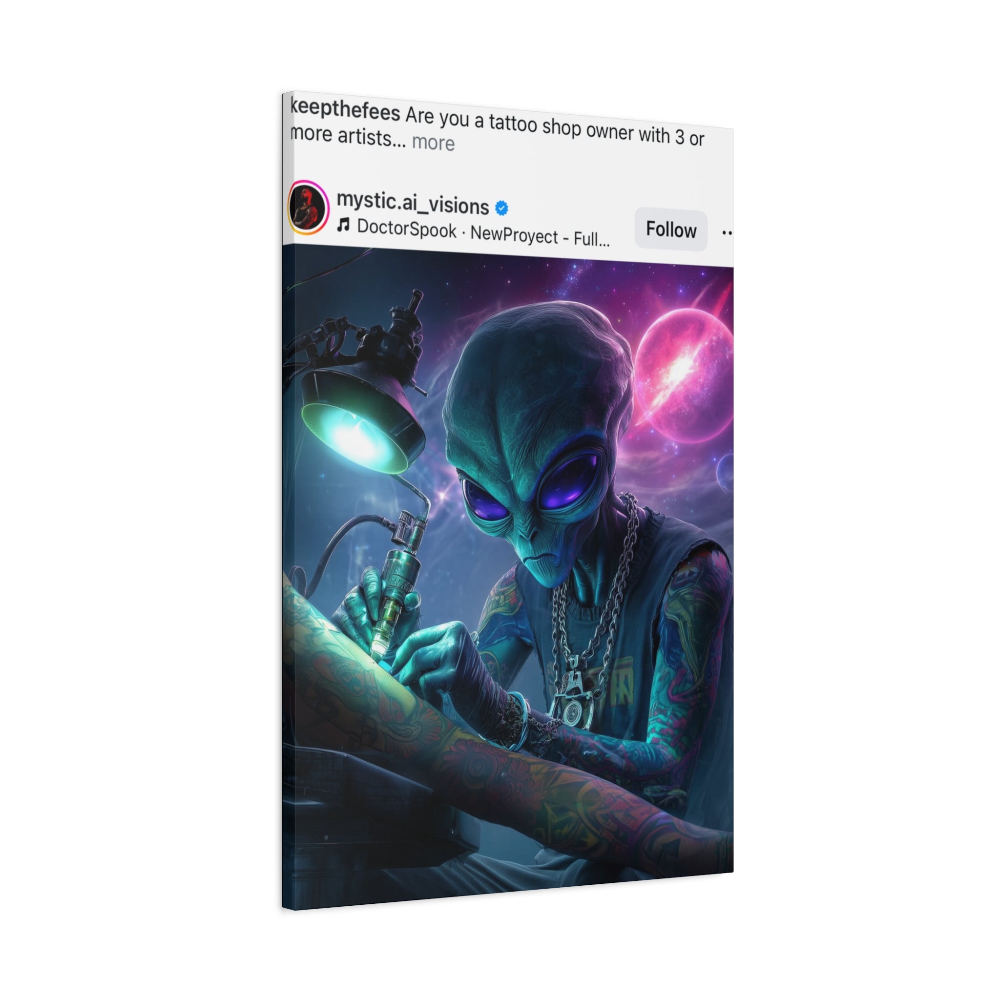Alien Tattoo Artist Matte Canvas Print — Sci‑Fi Wall Art for Gamers & Nerd Decor