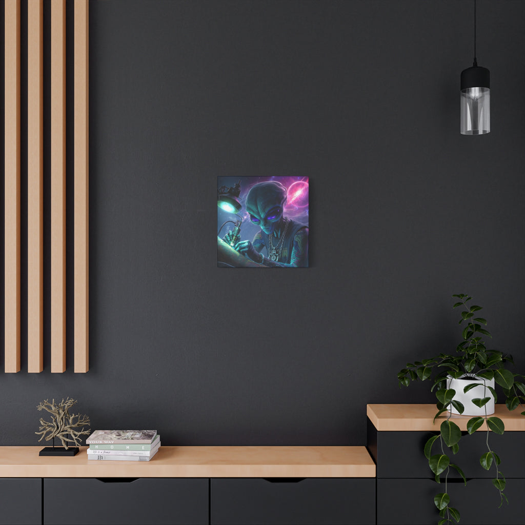 Alien Tattoo Artist Matte Canvas Print — Sci‑Fi Wall Art for Gamers & Nerd Decor