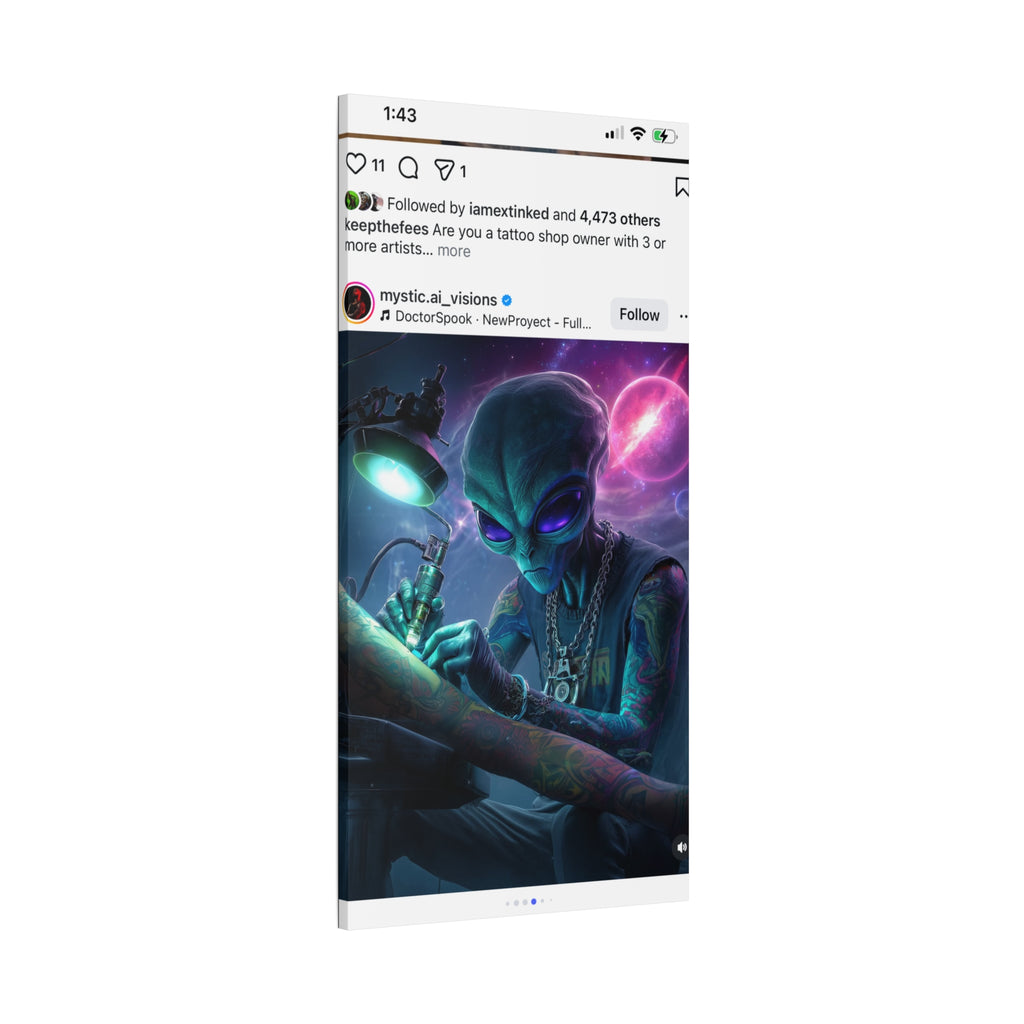 Alien Tattoo Artist Matte Canvas Print — Sci‑Fi Wall Art for Gamers & Nerd Decor