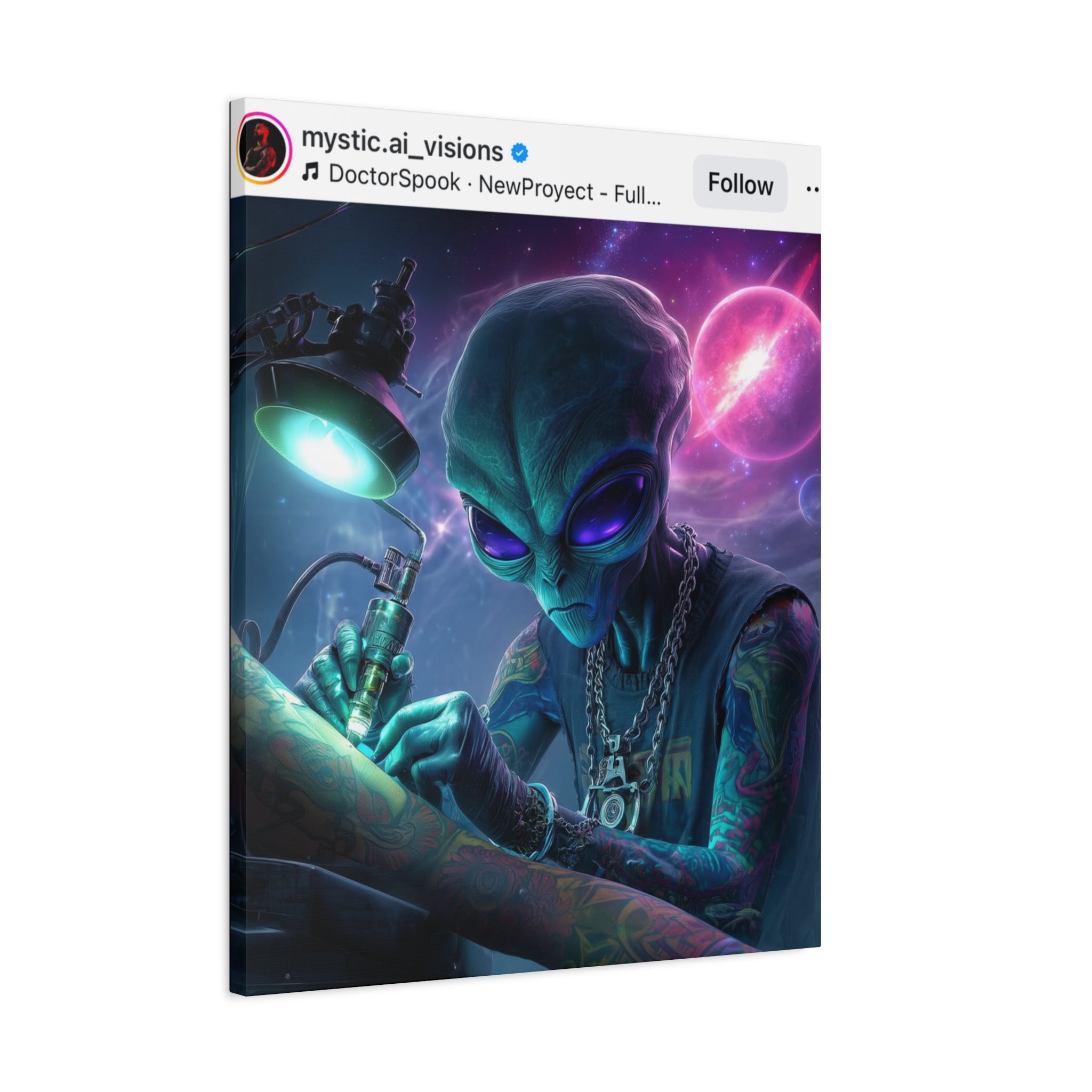 Alien Tattoo Artist Matte Canvas Print — Sci‑Fi Wall Art for Gamers & Nerd Decor