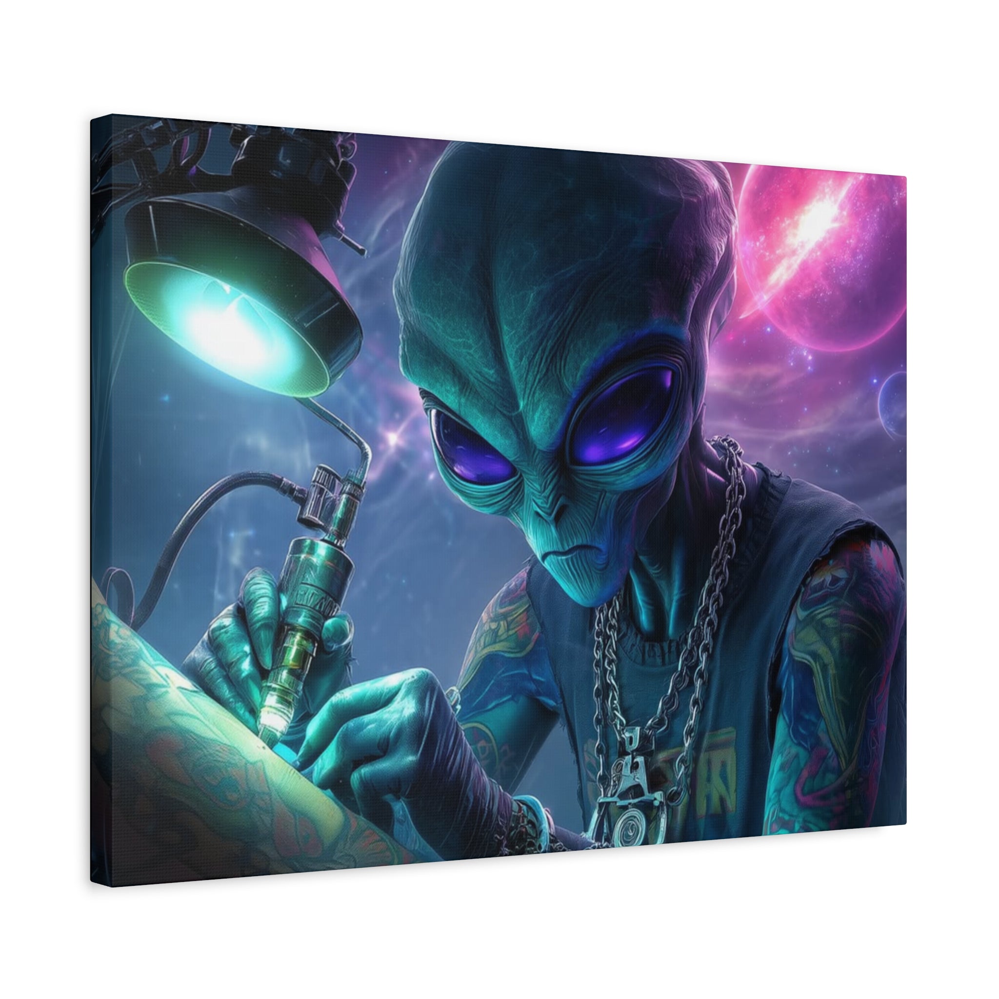 Alien Tattoo Artist Matte Canvas Print — Sci‑Fi Wall Art for Gamers & Nerd Decor