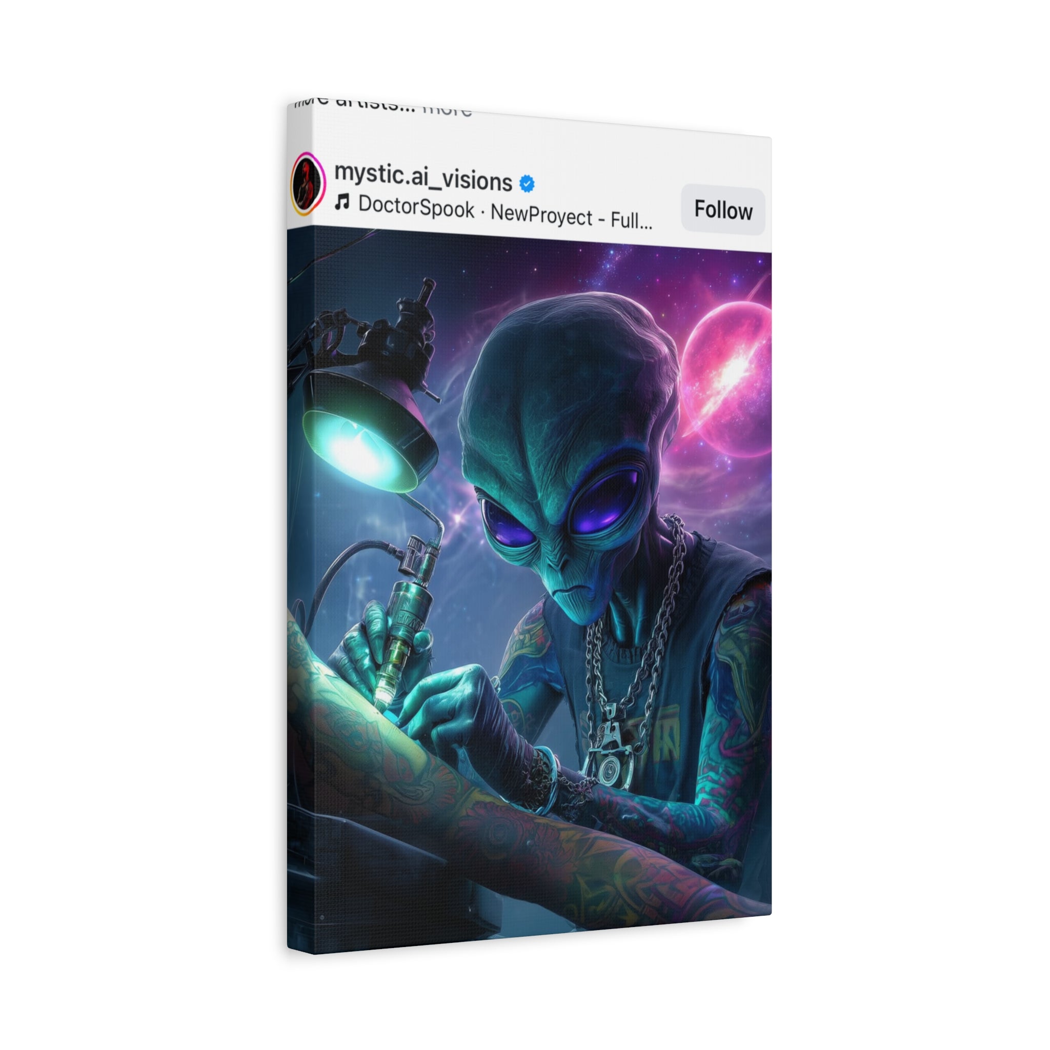 Alien Tattoo Artist Matte Canvas Print — Sci‑Fi Wall Art for Gamers & Nerd Decor