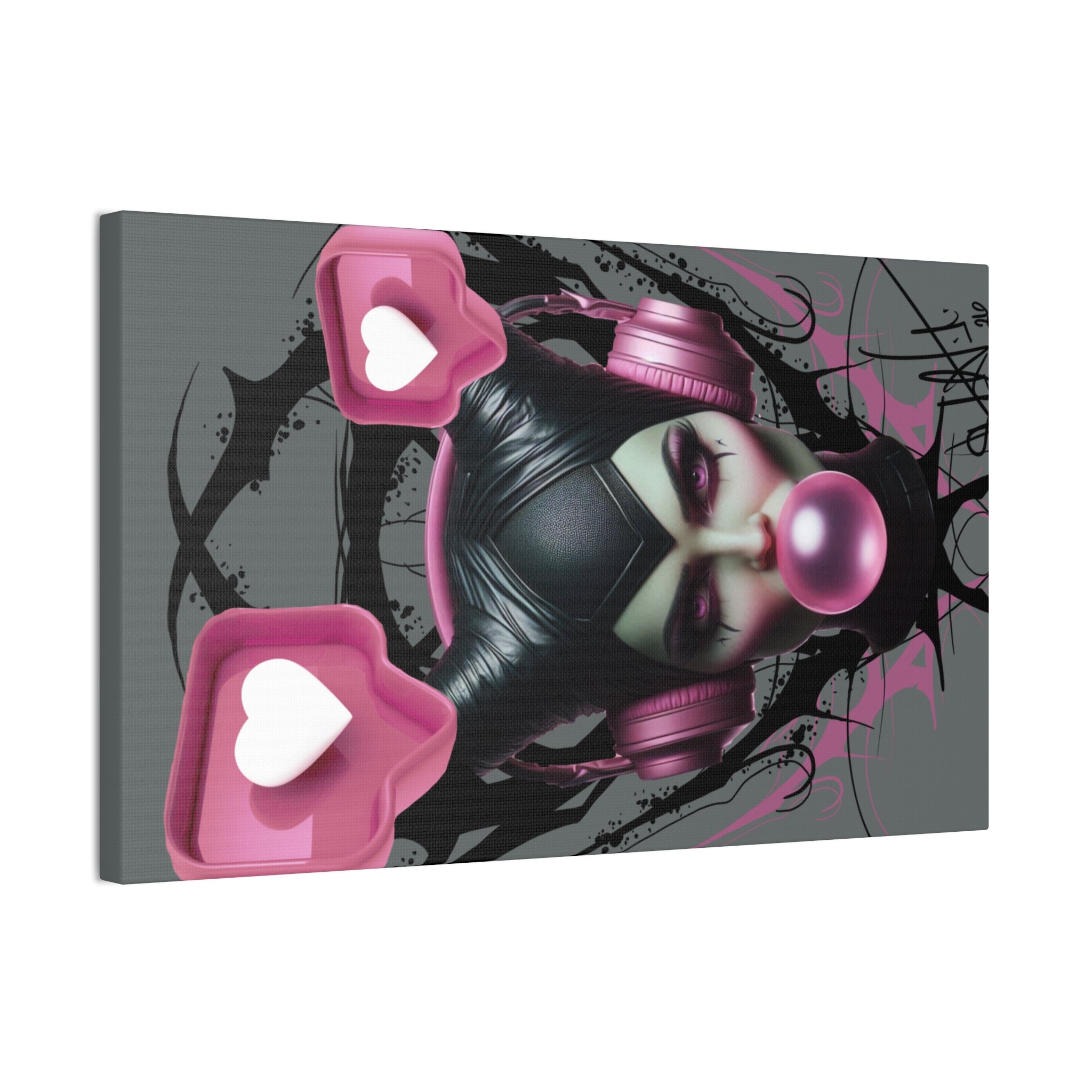 Gothic Pop Art Canvas Print — Pink Headphones & Bubblegum Femme