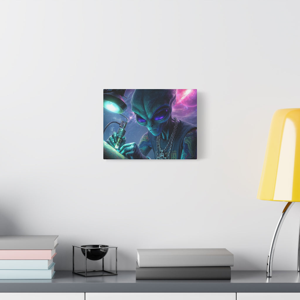 Alien Tattoo Artist Matte Canvas Print — Sci‑Fi Wall Art for Gamers & Nerd Decor