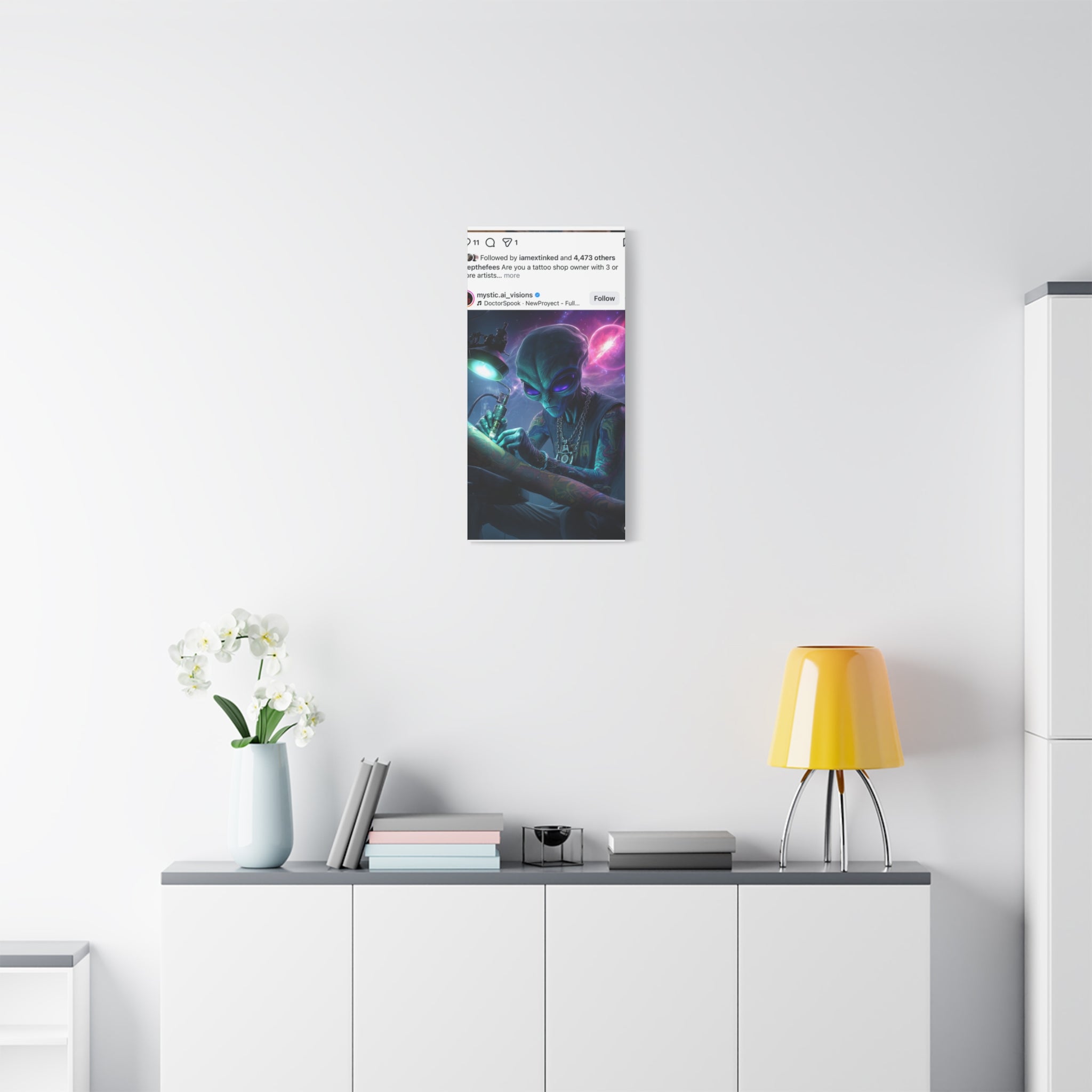 Alien Tattoo Artist Matte Canvas Print — Sci‑Fi Wall Art for Gamers & Nerd Decor