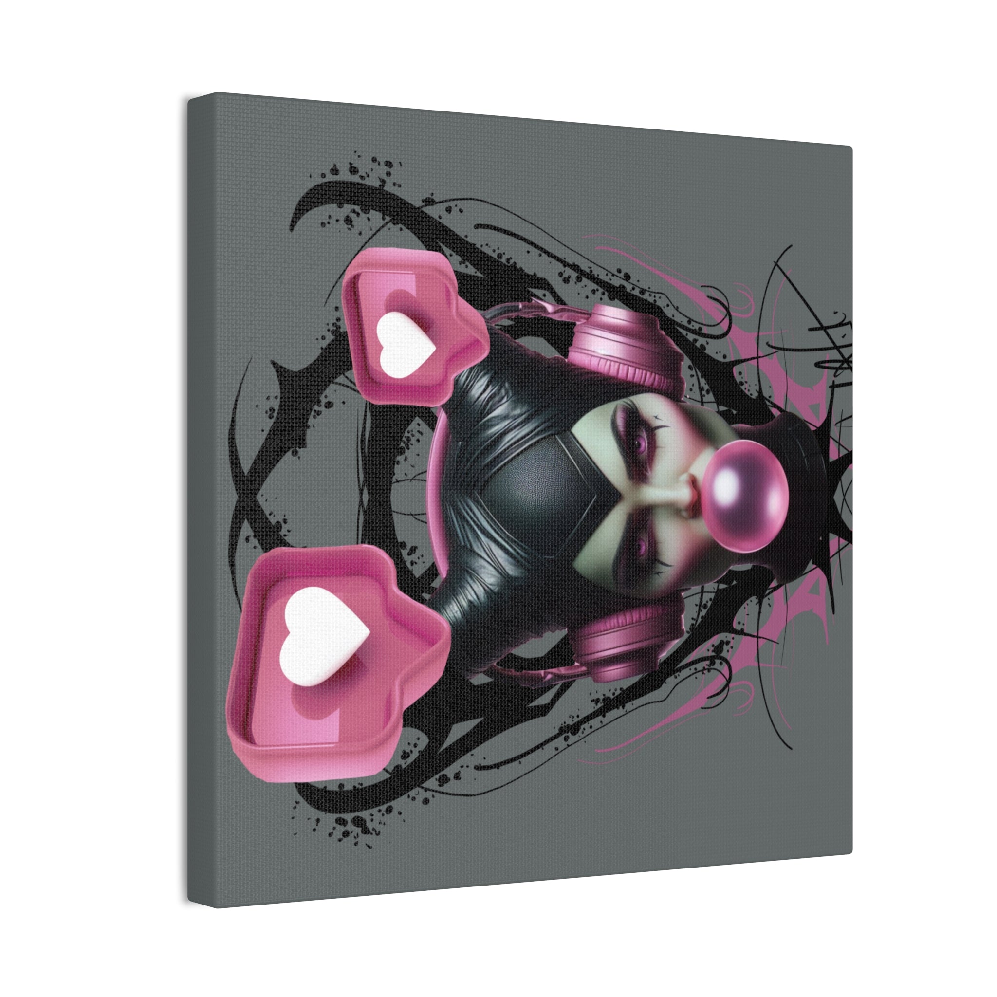 Gothic Pop Art Canvas Print — Pink Headphones & Bubblegum Femme