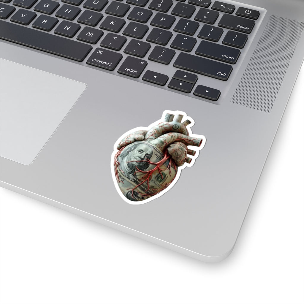 Money Heart Kiss-Cut Sticker — Anatomical Heart Wrapped in 100 Bill Sticker