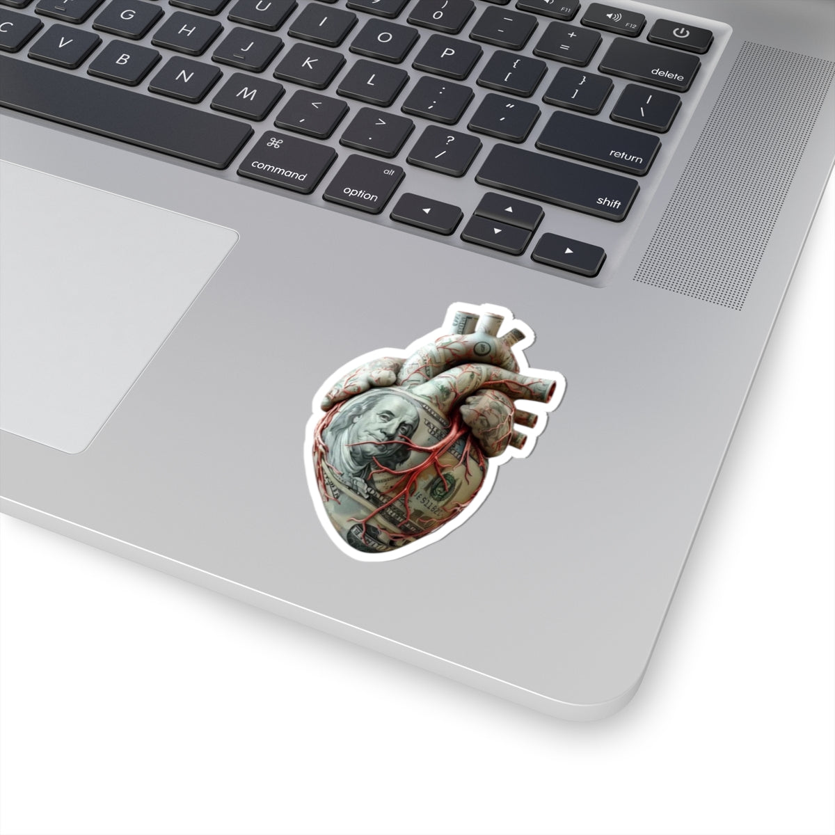 Money Heart Kiss-Cut Sticker — Anatomical Heart Wrapped in 100 Bill Sticker