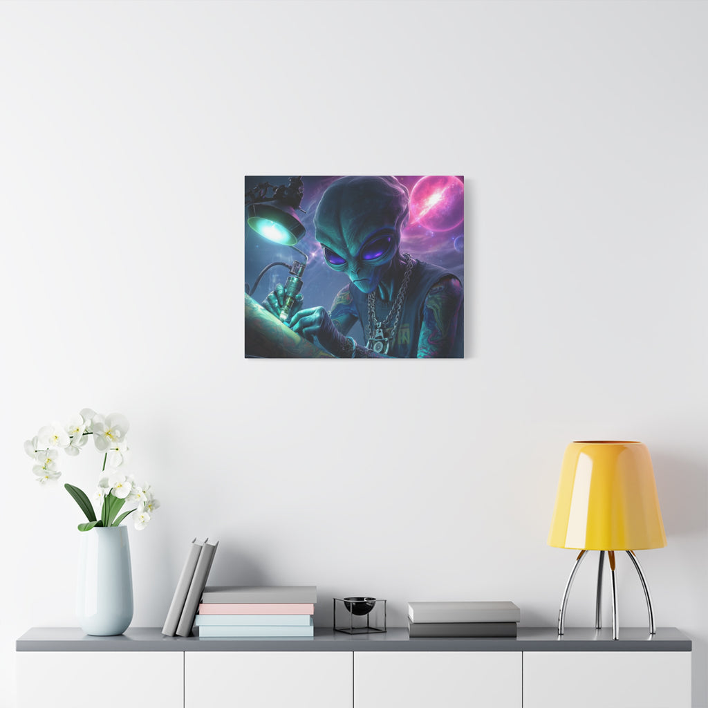 Alien Tattoo Artist Matte Canvas Print — Sci‑Fi Wall Art for Gamers & Nerd Decor