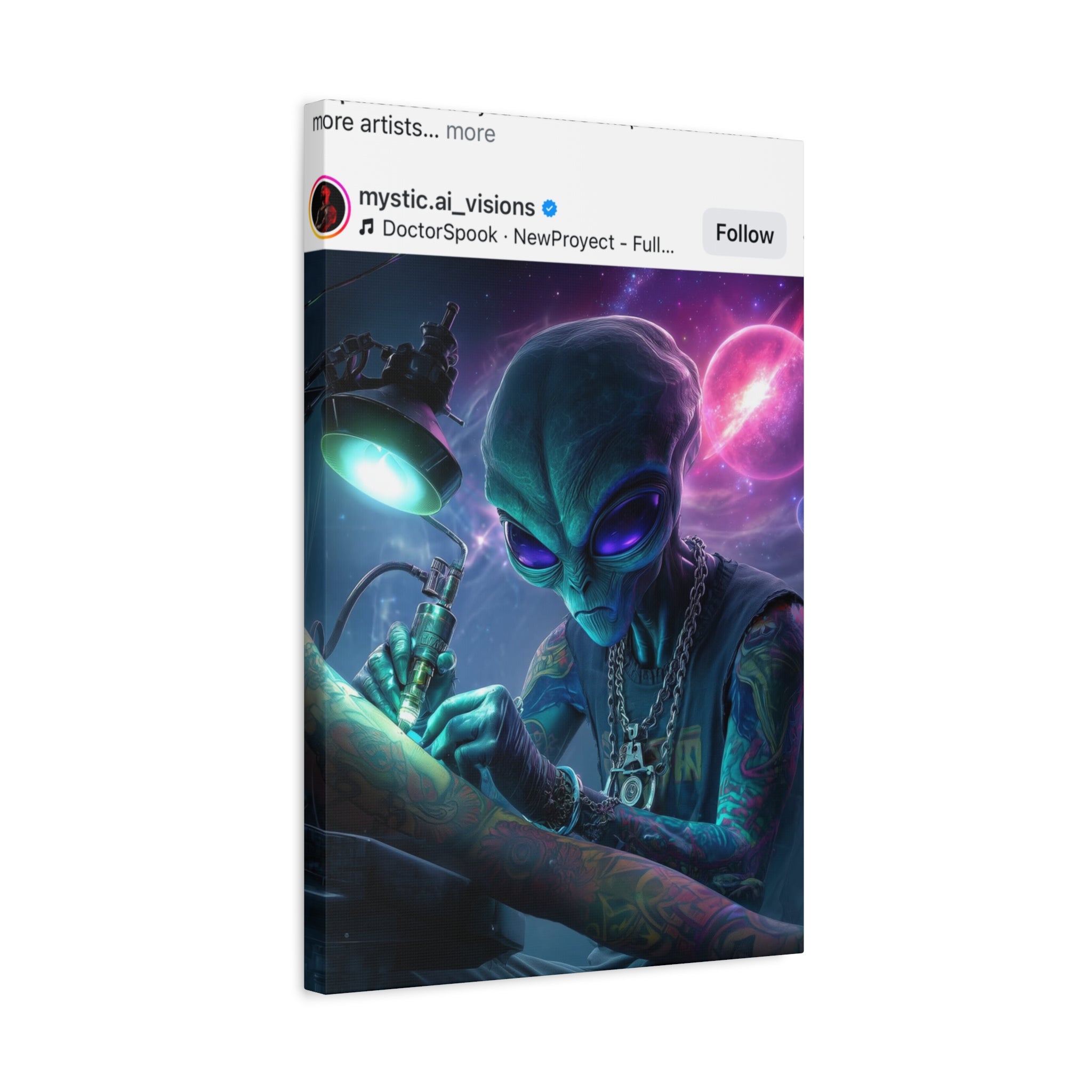 Alien Tattoo Artist Matte Canvas Print — Sci‑Fi Wall Art for Gamers & Nerd Decor