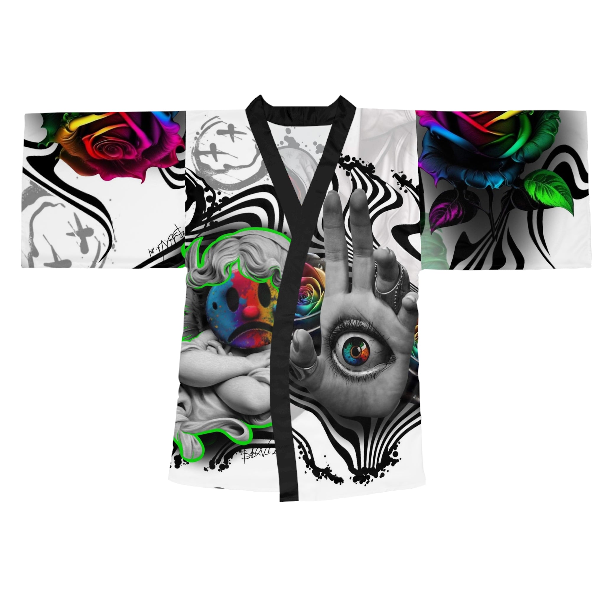 Psychedelic Kimono Robe — Colorful Surreal Rose & Hand Graphic by Artist Mizz Extinked