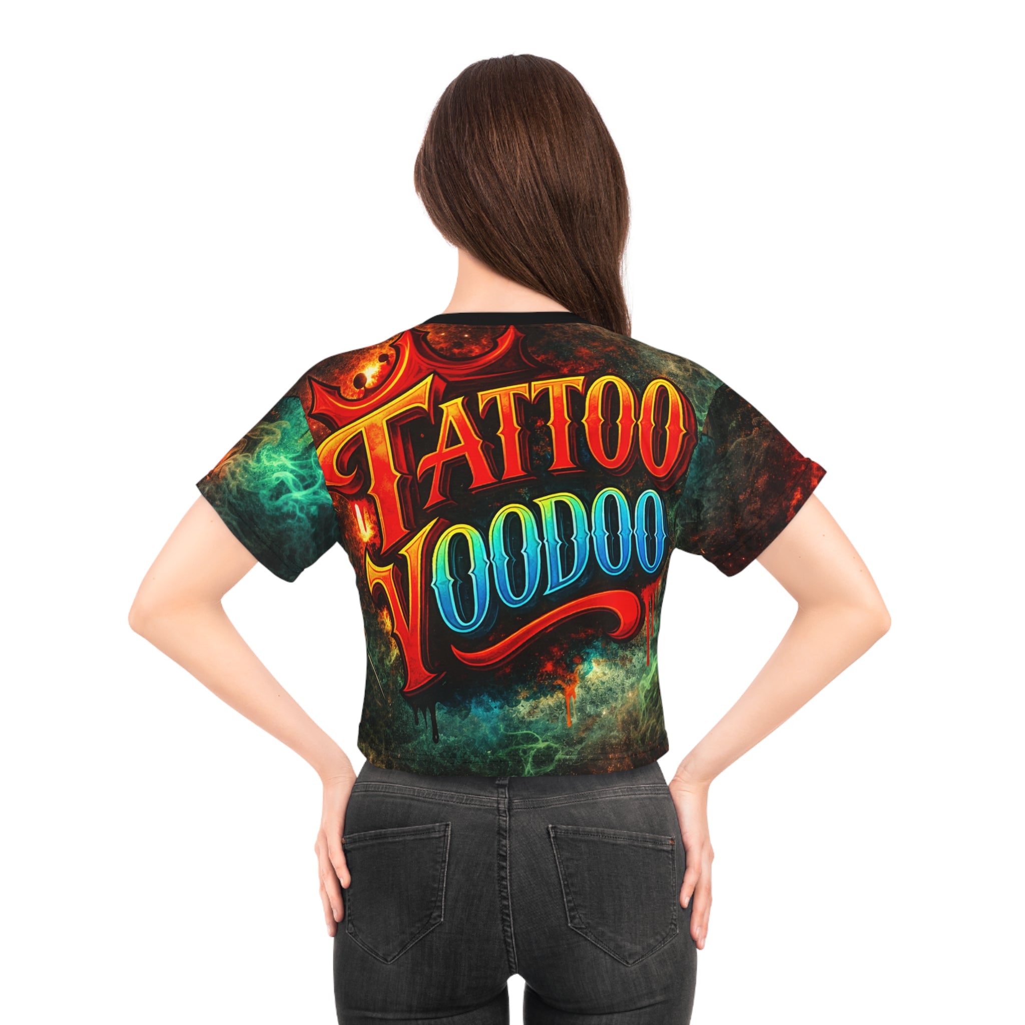 Voodoo tie-dye Crop Tee — Neon Voodoo Doll Graphic Crop Top