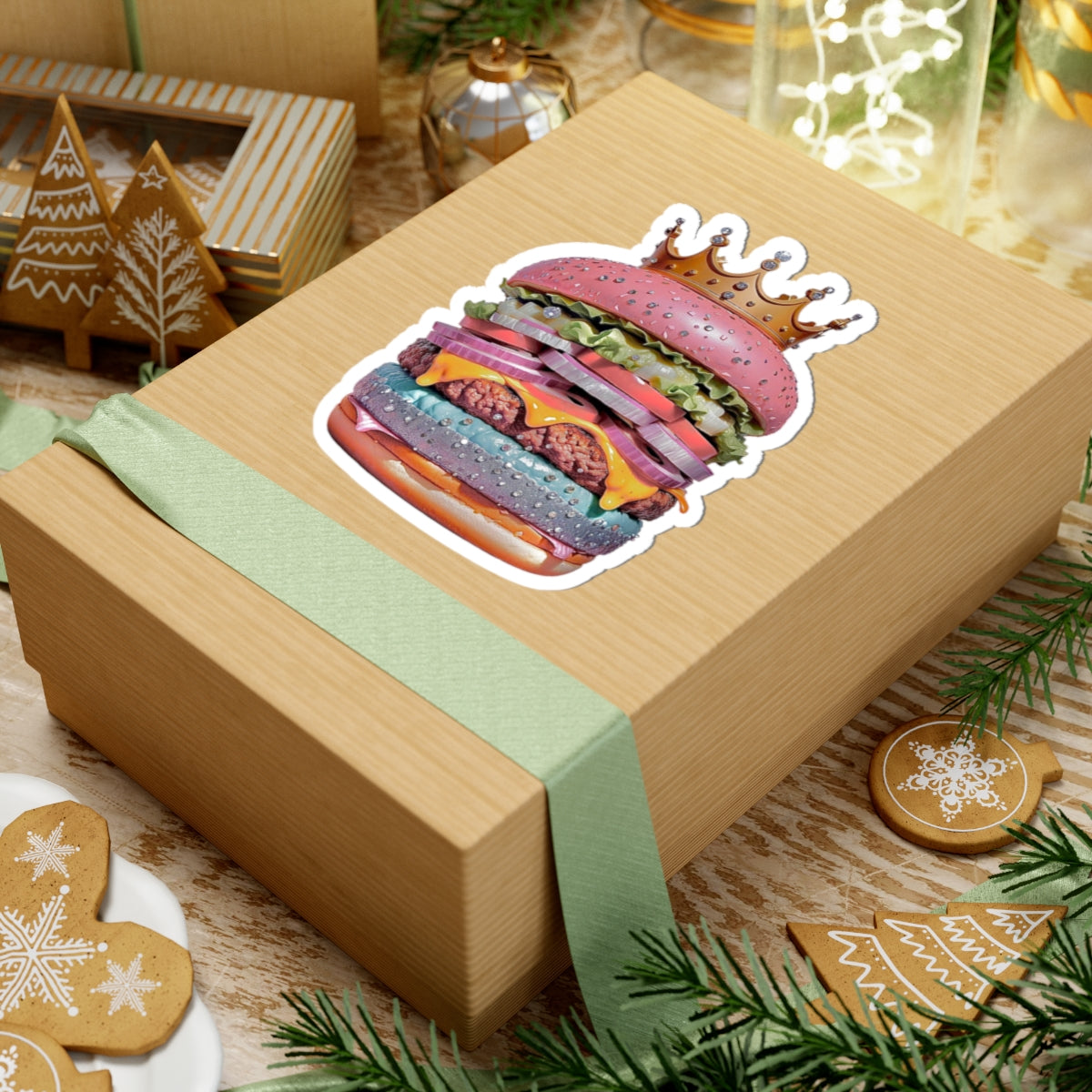 Royal Rainbow Burger Kiss-Cut Sticker — Funky Crowned Cheeseburger Decal