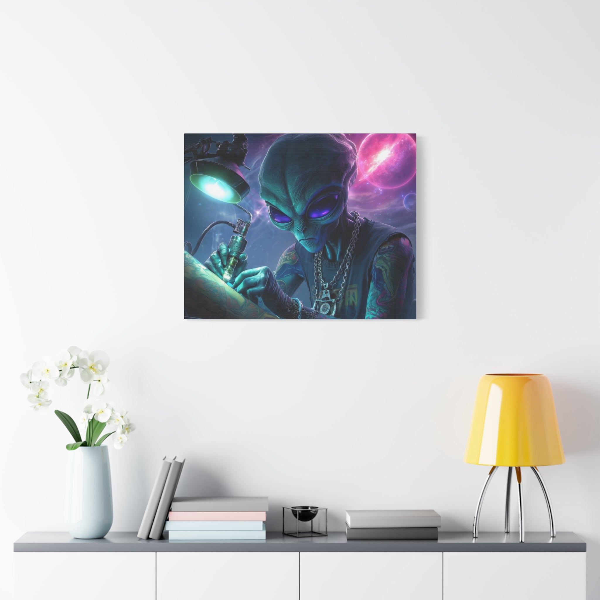 Alien Tattoo Artist Matte Canvas Print — Sci‑Fi Wall Art for Gamers & Nerd Decor
