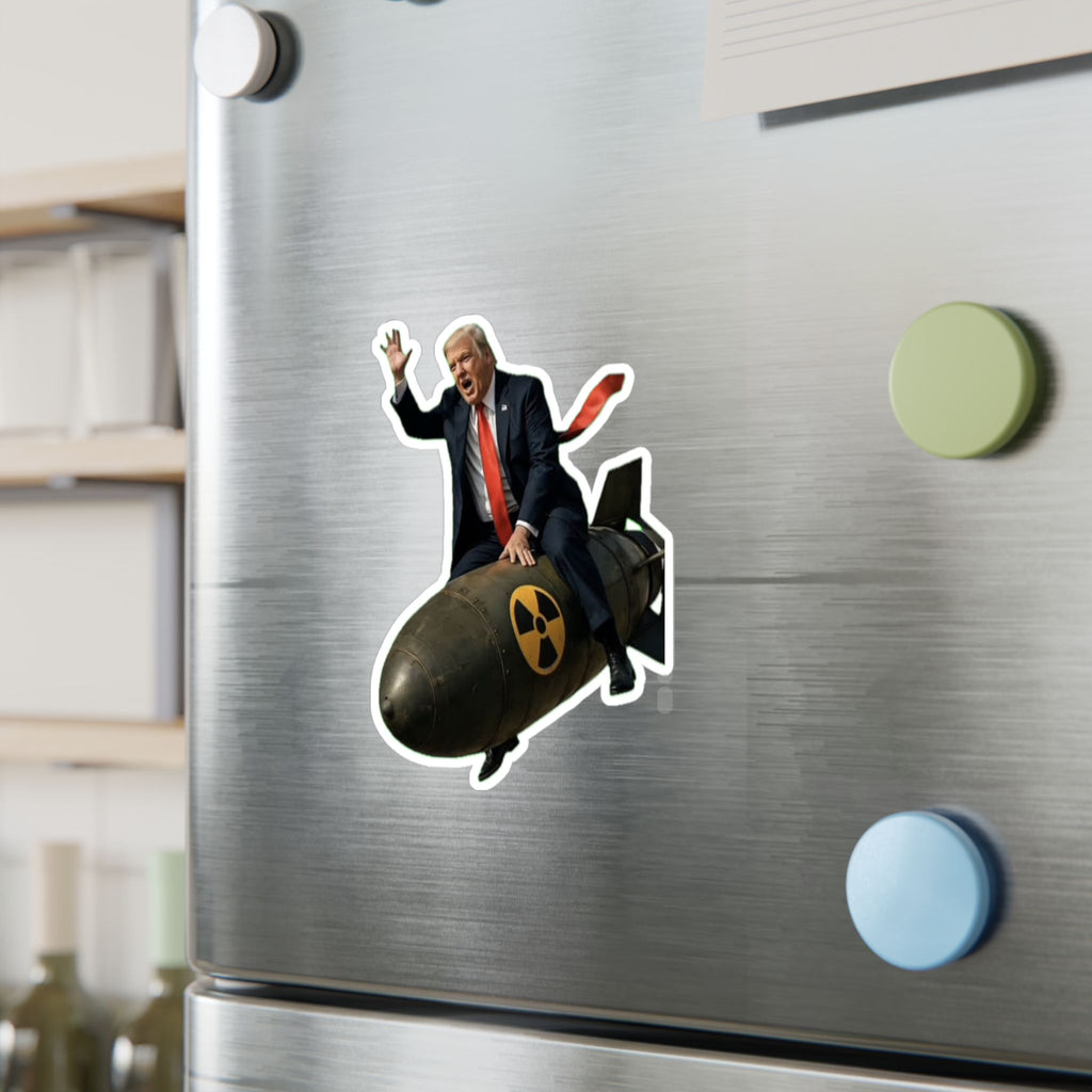 Political Satire Vinyl Sticker — Man Riding Nuclear Bomb Kiss-Cut Decal