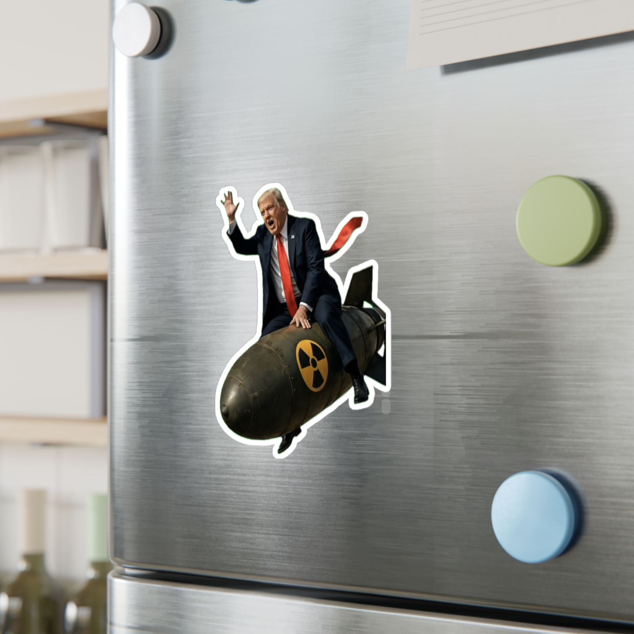 Political Satire Vinyl Sticker — Man Riding Nuclear Bomb Kiss-Cut Decal