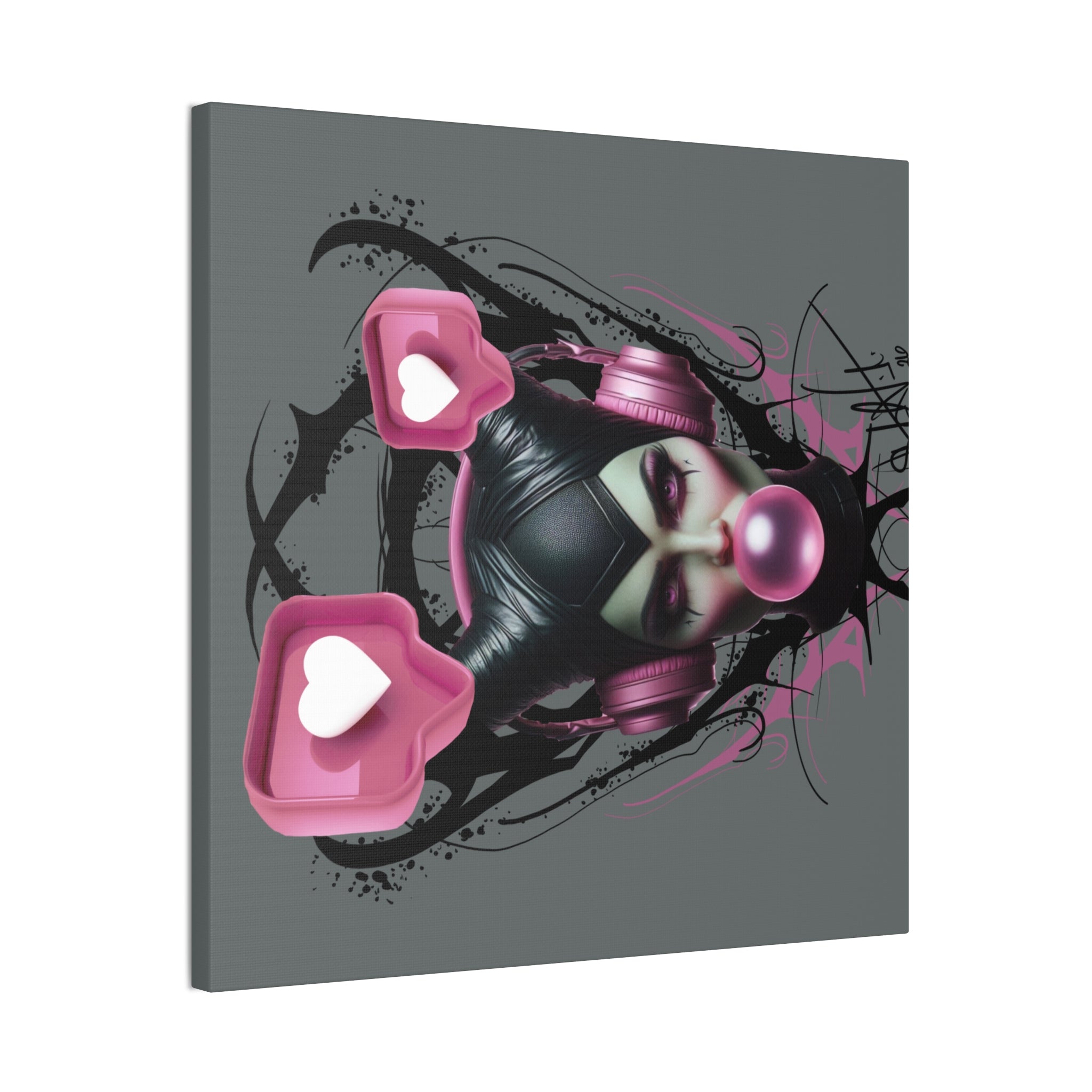 Gothic Pop Art Canvas Print — Pink Headphones & Bubblegum Femme