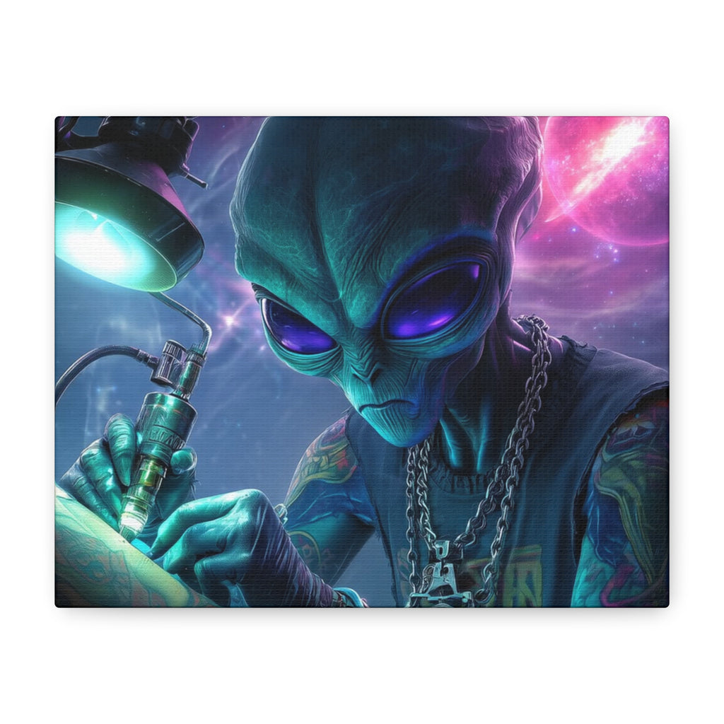 Alien Tattoo Artist Matte Canvas Print — Sci‑Fi Wall Art for Gamers & Nerd Decor