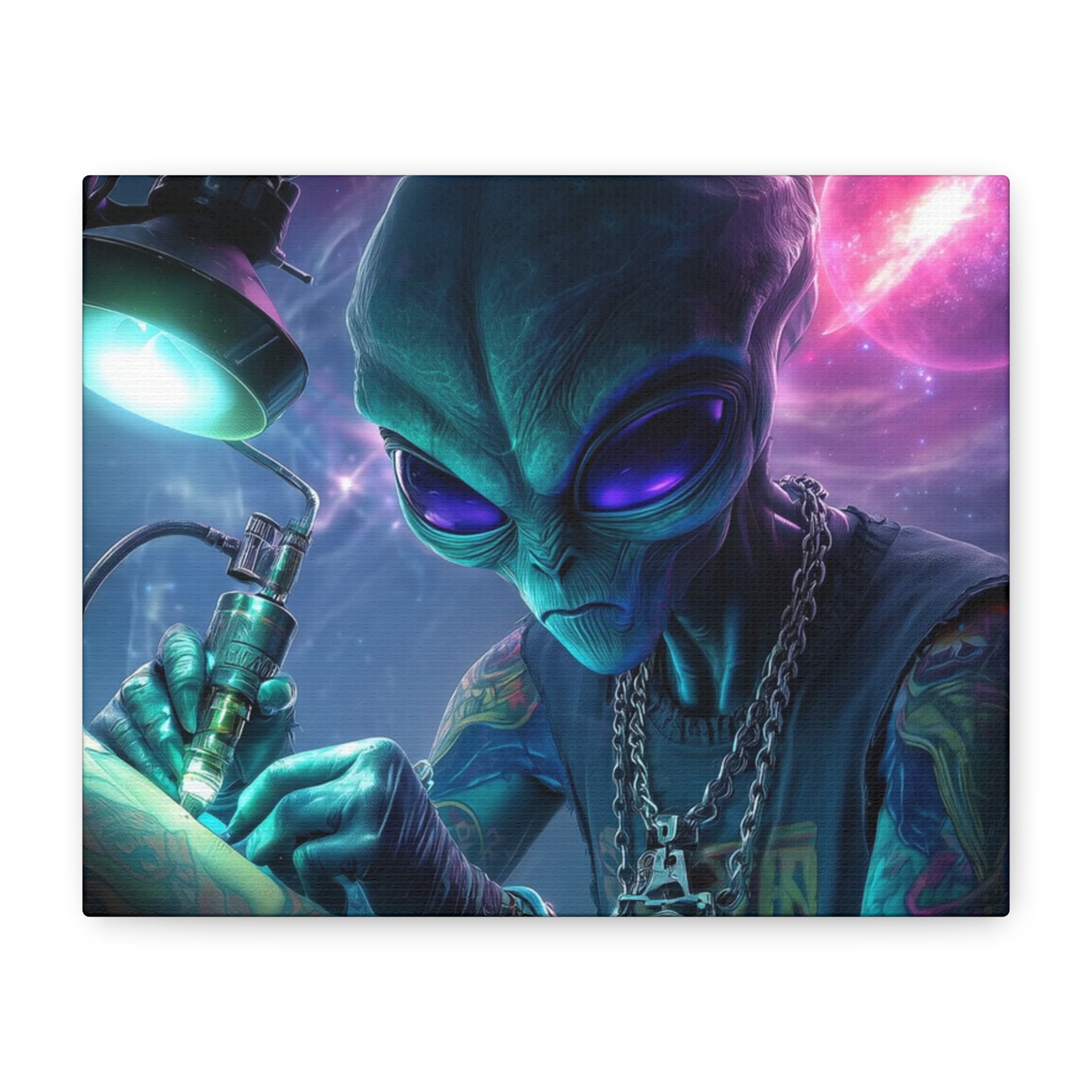 Alien Tattoo Artist Matte Canvas Print — Sci‑Fi Wall Art for Gamers & Nerd Decor