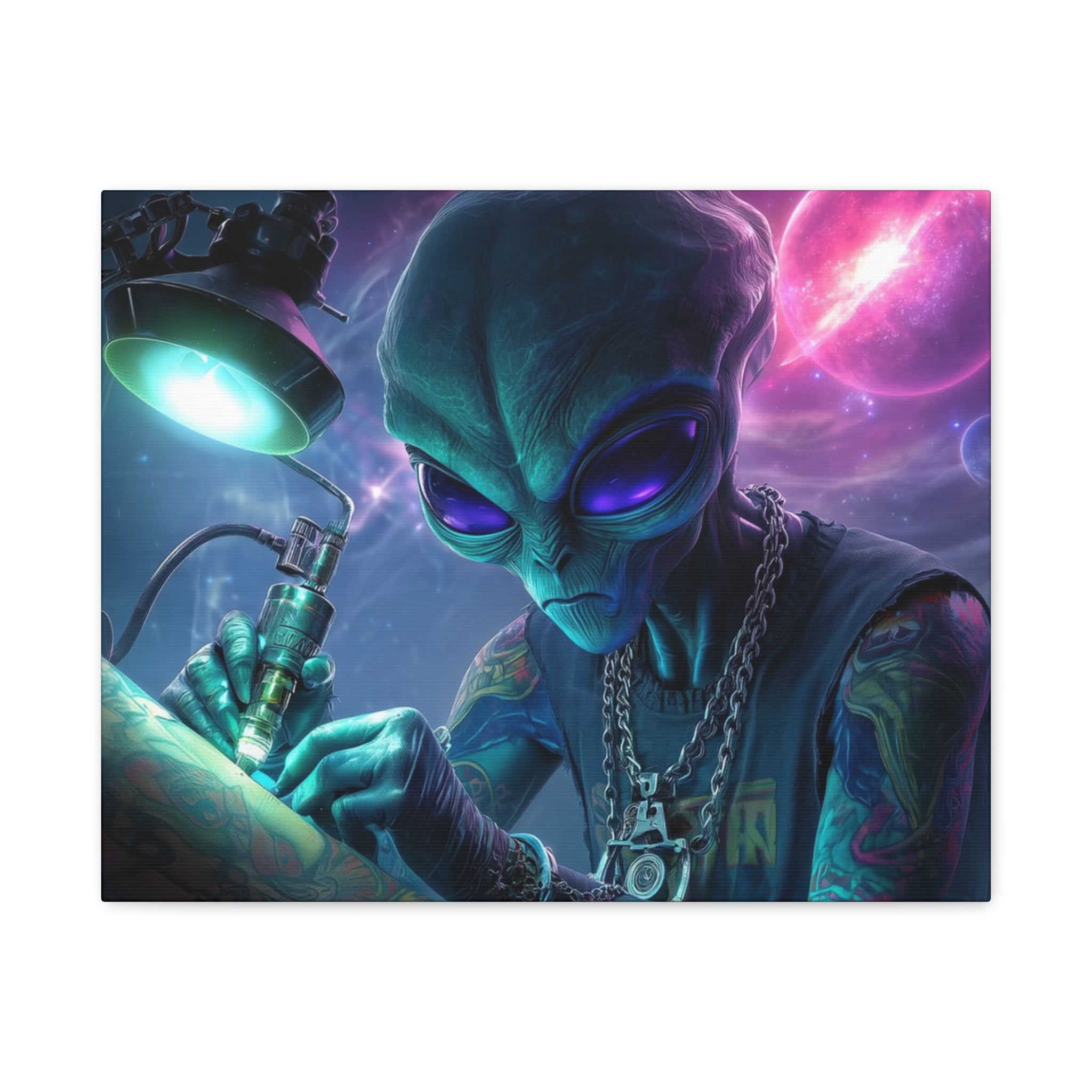 Alien Tattoo Artist Matte Canvas Print — Sci‑Fi Wall Art for Gamers & Nerd Decor