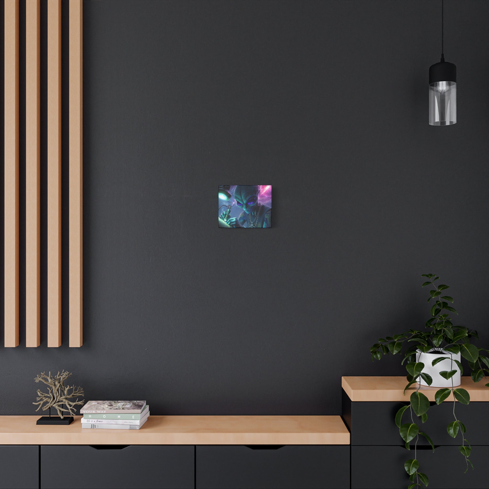 Alien Tattoo Artist Matte Canvas Print — Sci‑Fi Wall Art for Gamers & Nerd Decor
