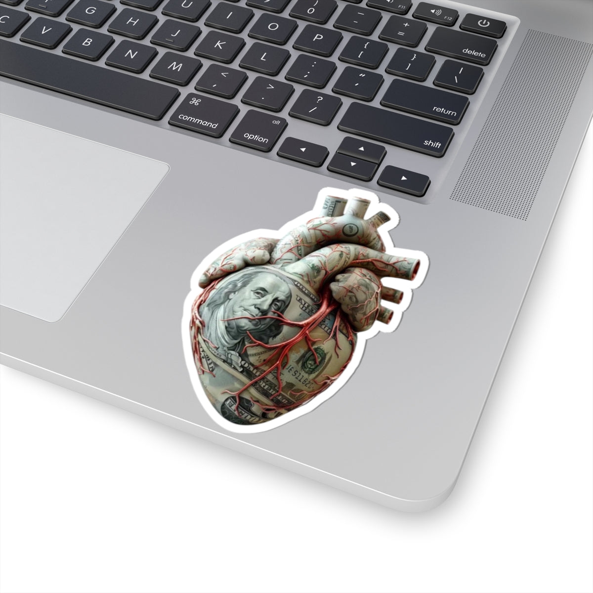 Money Heart Kiss-Cut Sticker — Anatomical Heart Wrapped in 100 Bill Sticker
