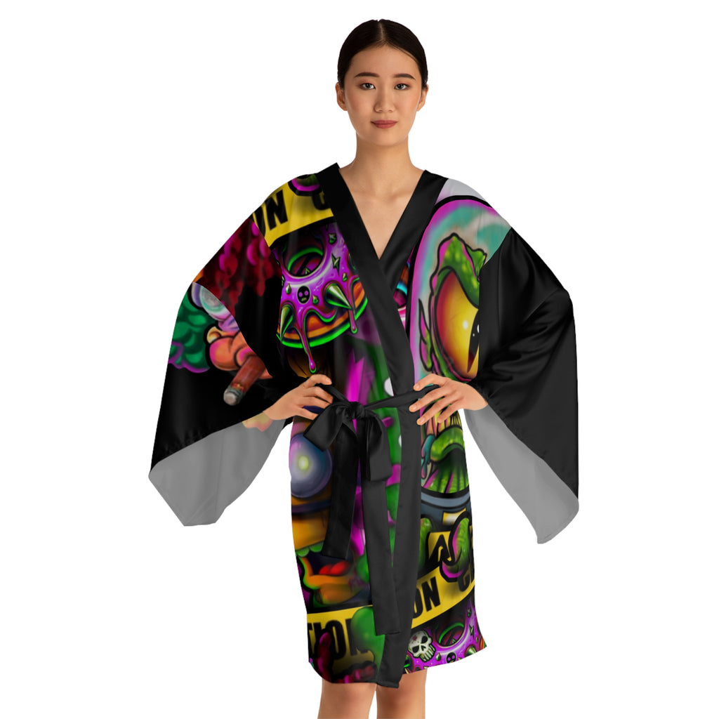Psychedelic Caution Monster Kimono Robe - Neon Horror Graphic Long Sleeve