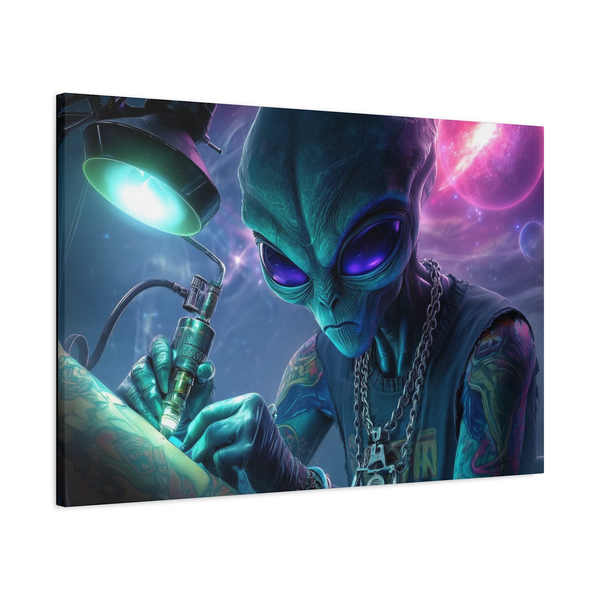 Alien Tattoo Artist Matte Canvas Print — Sci‑Fi Wall Art for Gamers & Nerd Decor