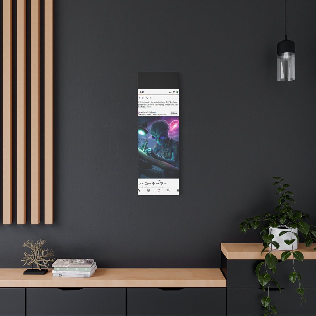 Alien Tattoo Artist Matte Canvas Print — Sci‑Fi Wall Art for Gamers & Nerd Decor