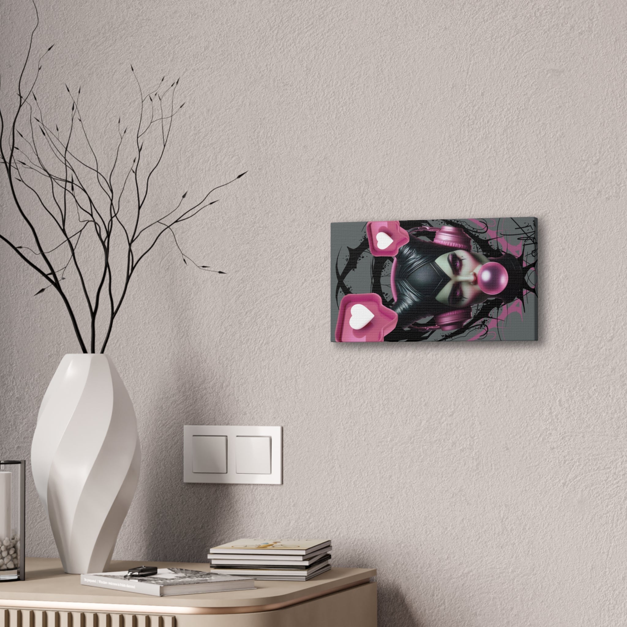 Gothic Pop Art Canvas Print — Pink Headphones & Bubblegum Femme