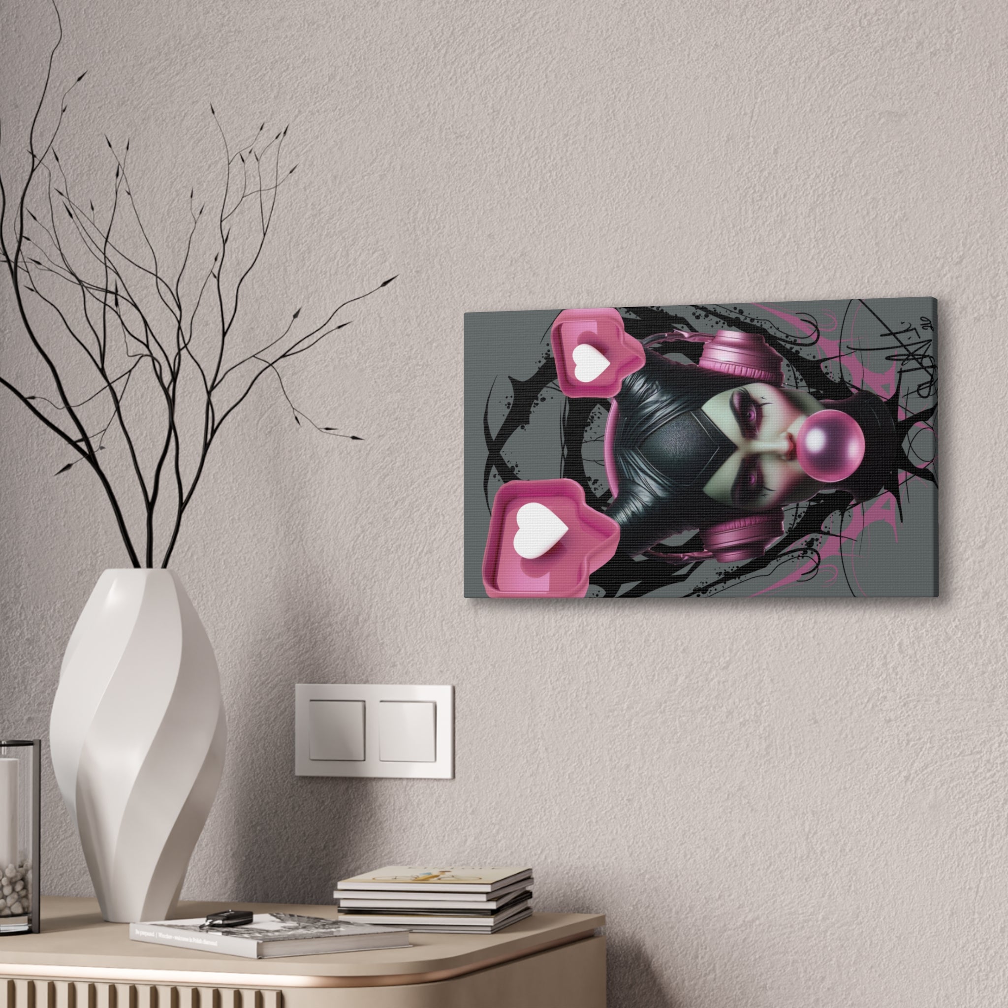 Gothic Pop Art Canvas Print — Pink Headphones & Bubblegum Femme