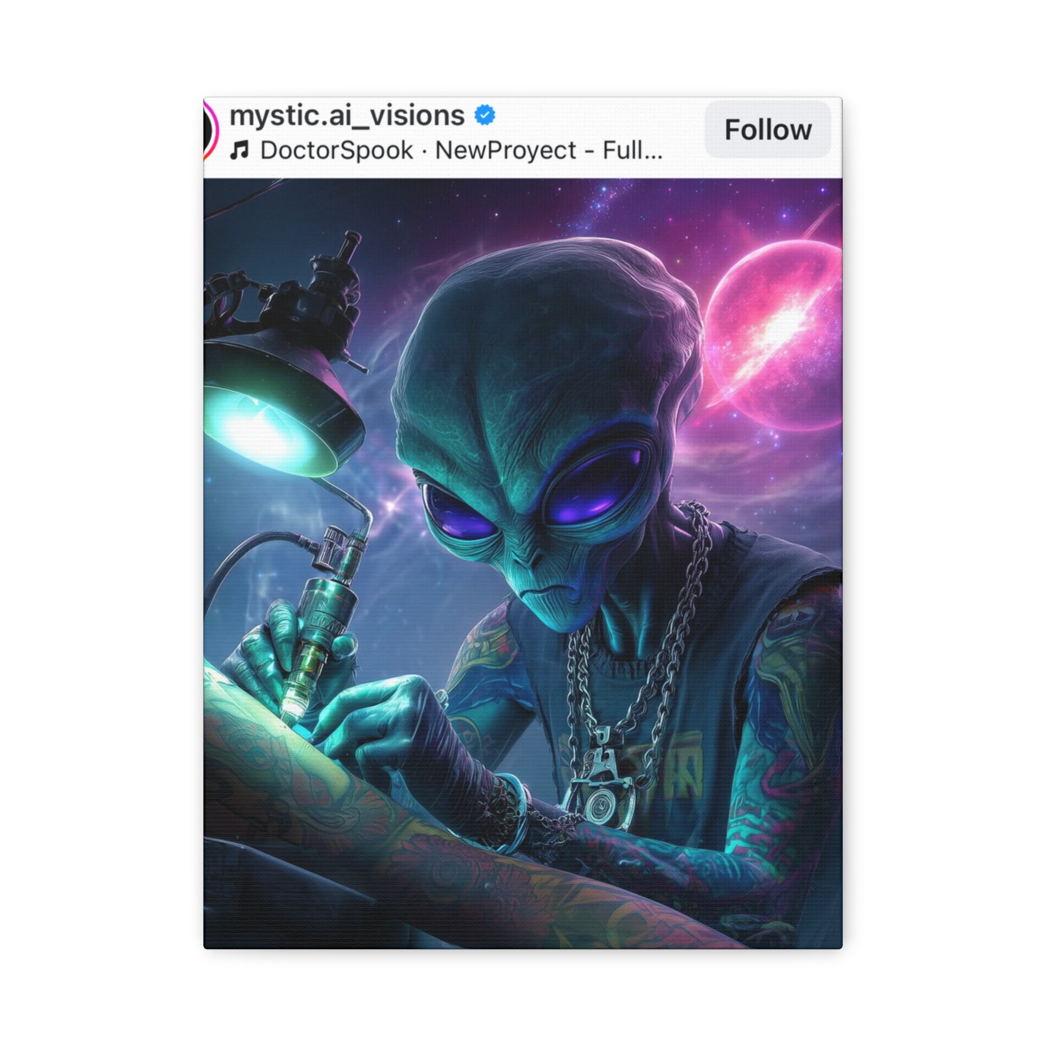 Alien Tattoo Artist Matte Canvas Print — Sci‑Fi Wall Art for Gamers & Nerd Decor