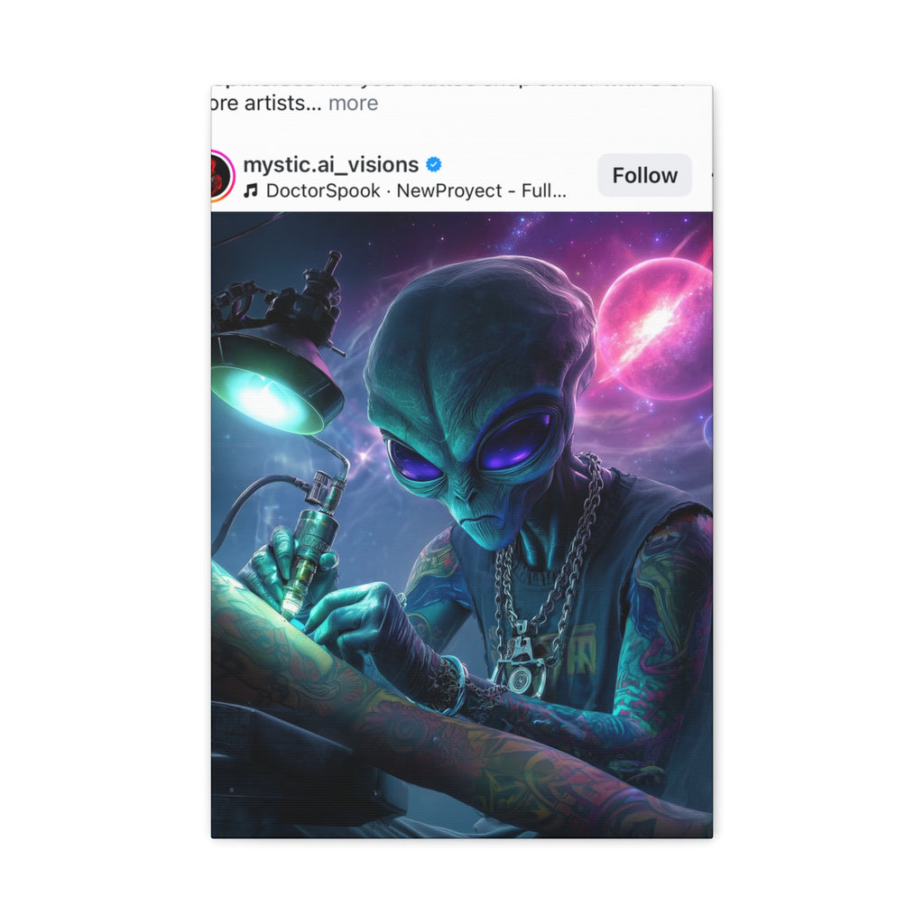 Alien Tattoo Artist Matte Canvas Print — Sci‑Fi Wall Art for Gamers & Nerd Decor