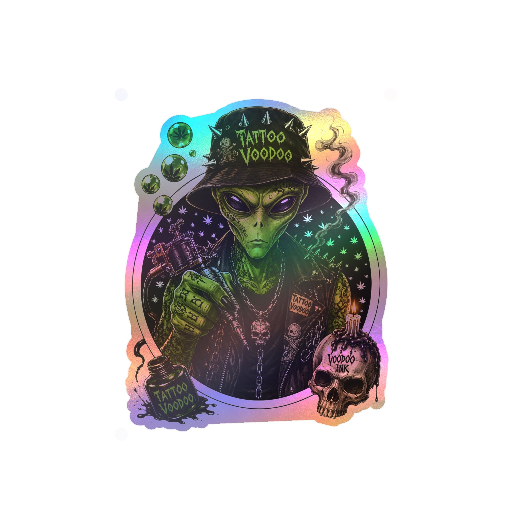 Alien Voodoo Tattoo Kiss-Cut Vinyl Decal — Green Alien with Skull & Smoke