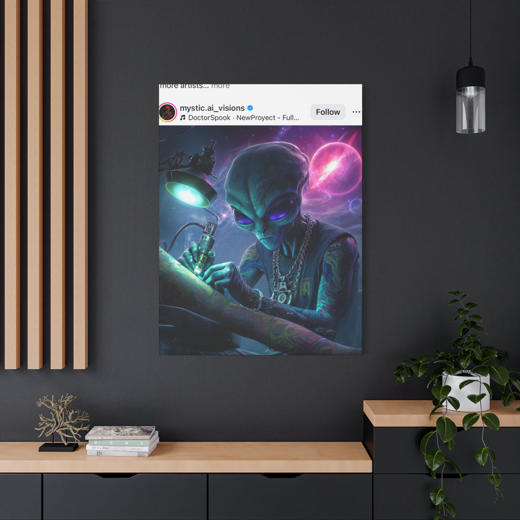 Alien Tattoo Artist Matte Canvas Print — Sci‑Fi Wall Art for Gamers & Nerd Decor